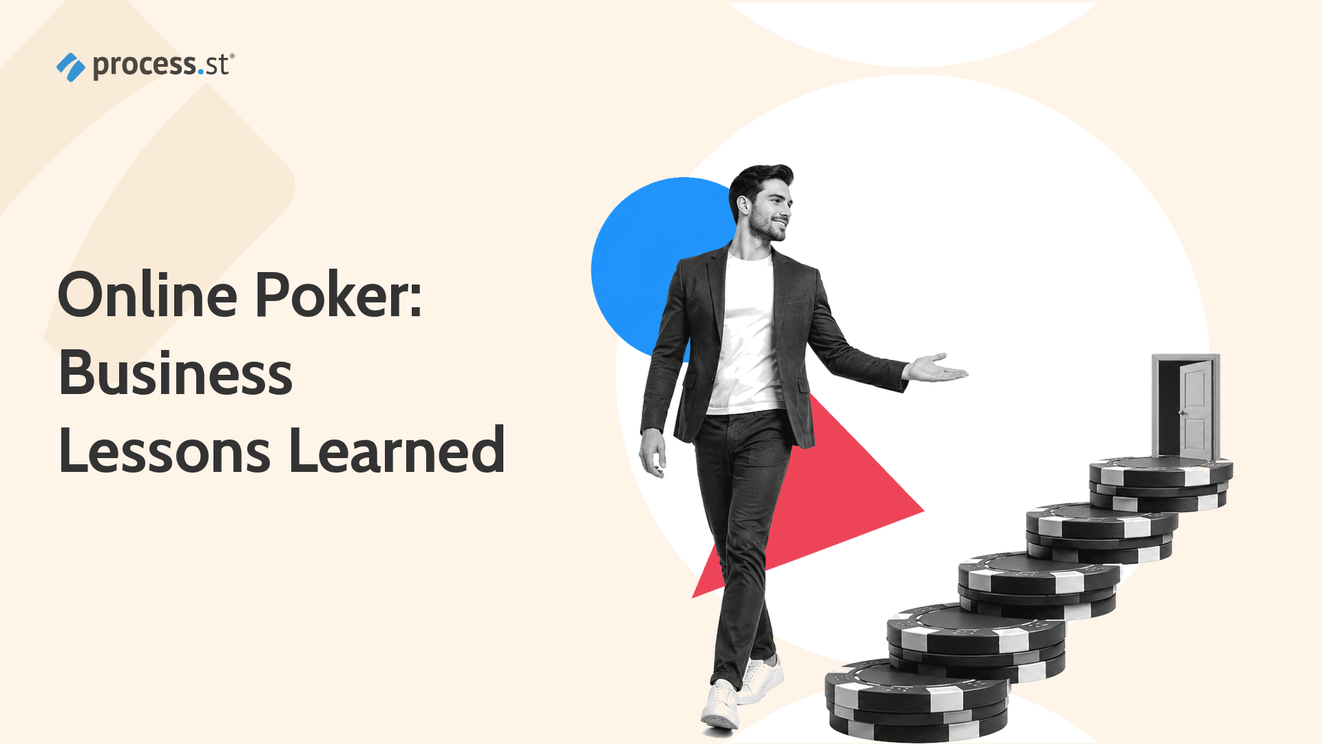 Black-and-white founder presenting five poker-chip steps from online poker to starting a company