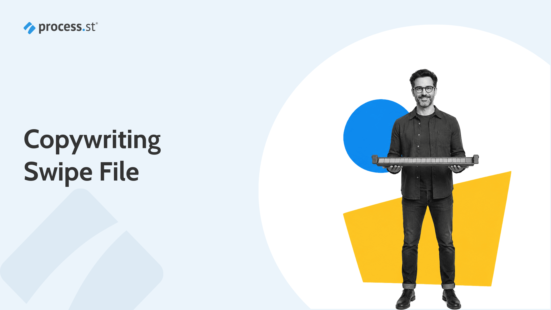 Copywriter presenting a metal typesetting composing stick beside the title Copywriting Swipe File
