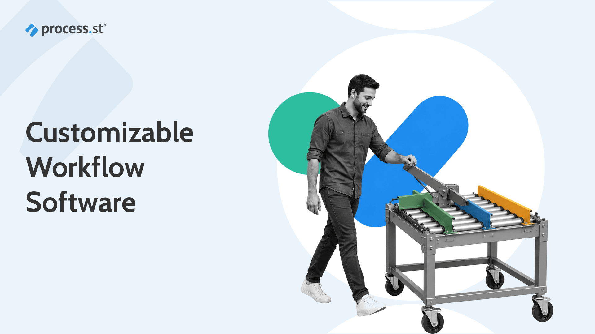 Operations designer reconfiguring a modular roller cart for customizable workflow software