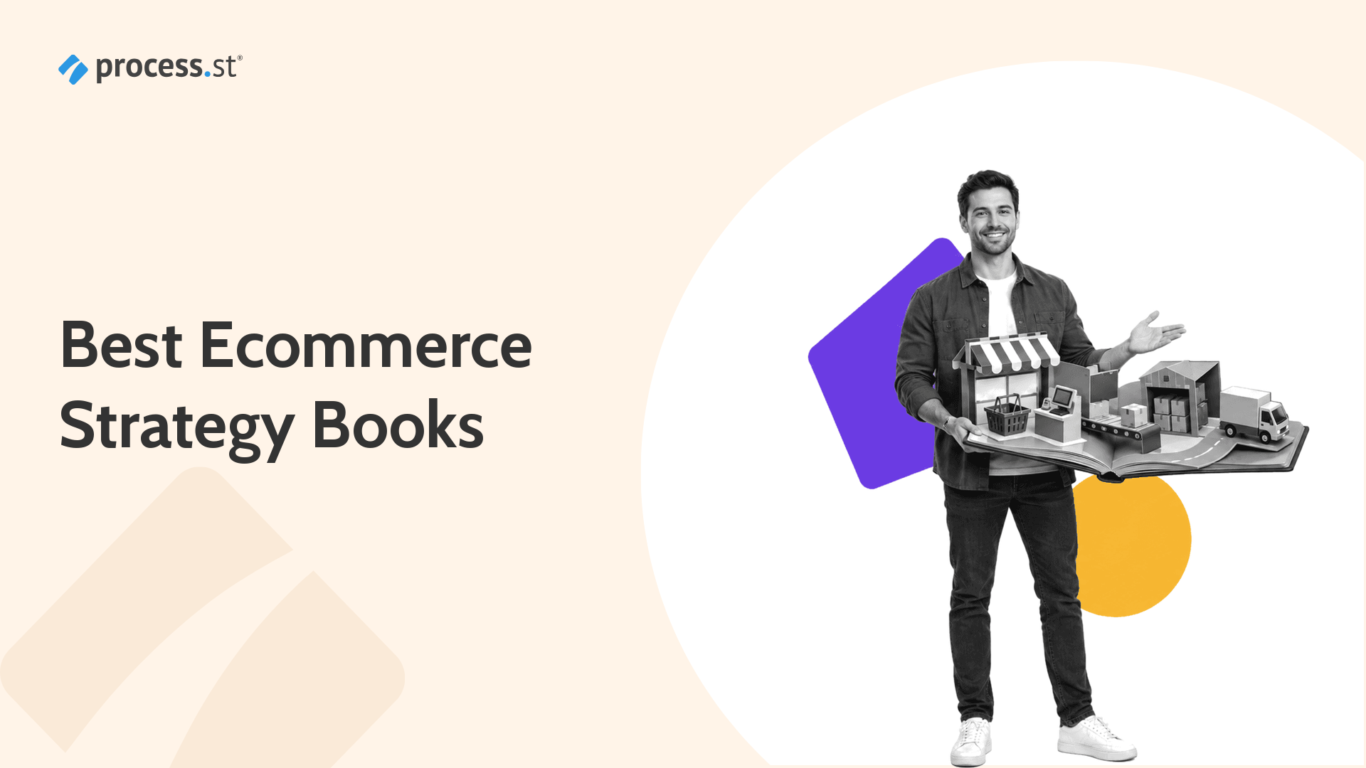 Ecommerce founder presenting an oversized strategy pop-up book