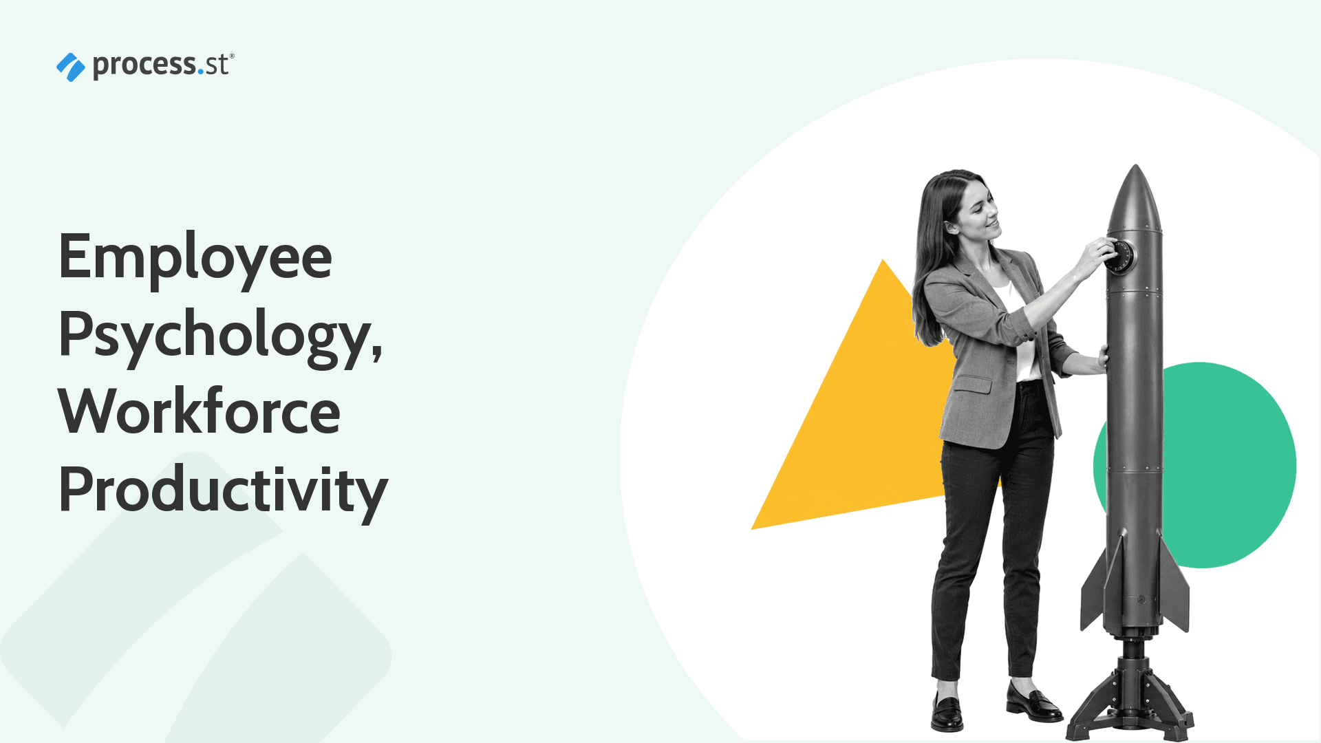 Workplace psychologist calibrating a rocket-shaped instrument to represent employee psychology and productivity