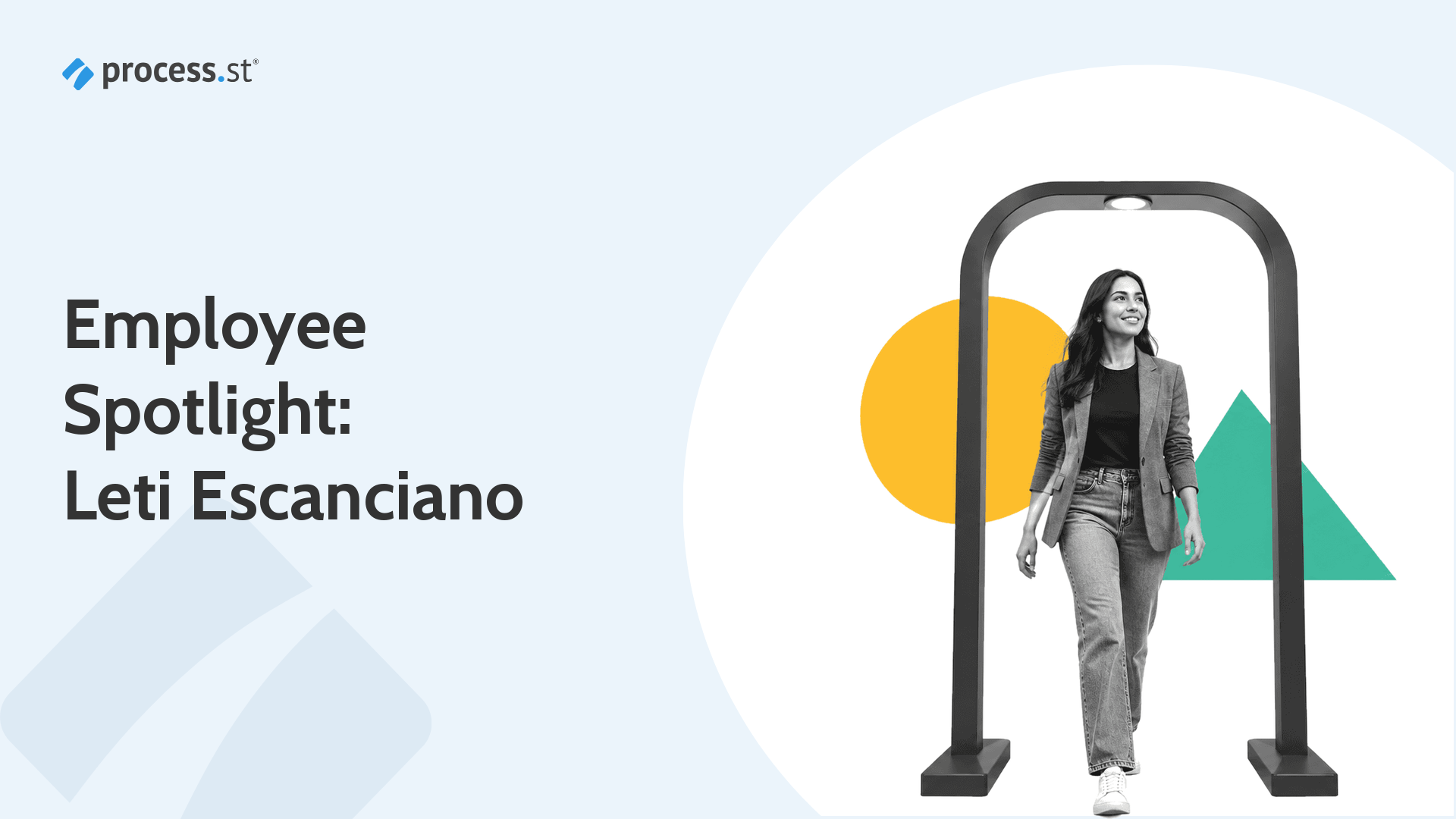 Black-and-white woman walking through a spotlight arch for the Leti Escanciano employee profile