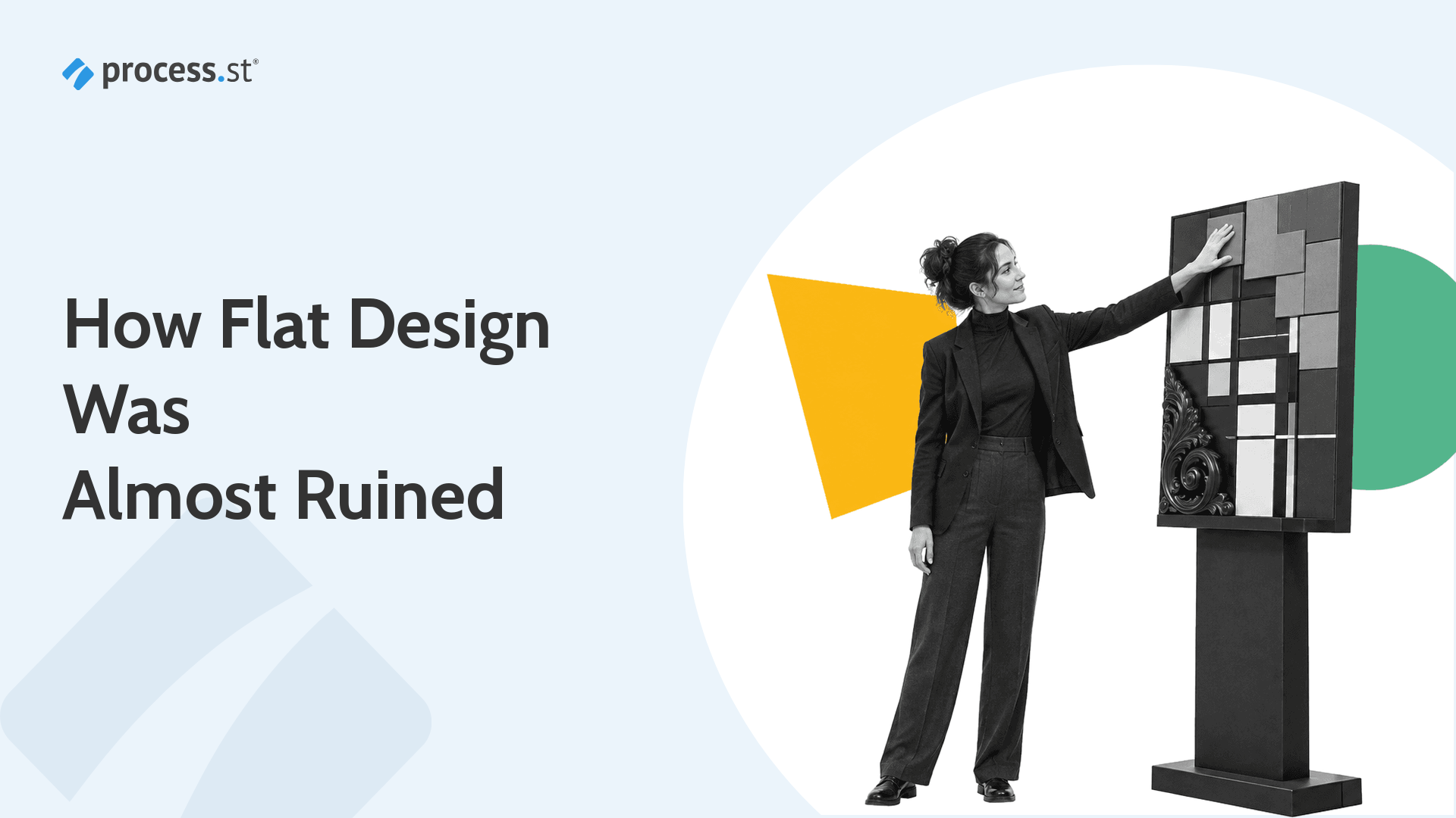 Design historian tracing the origins of flat design across a physical evolution board