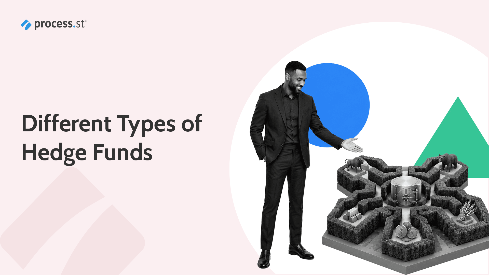 Different types of hedge funds shown as branching paths through a hedge maze toward an investment vault