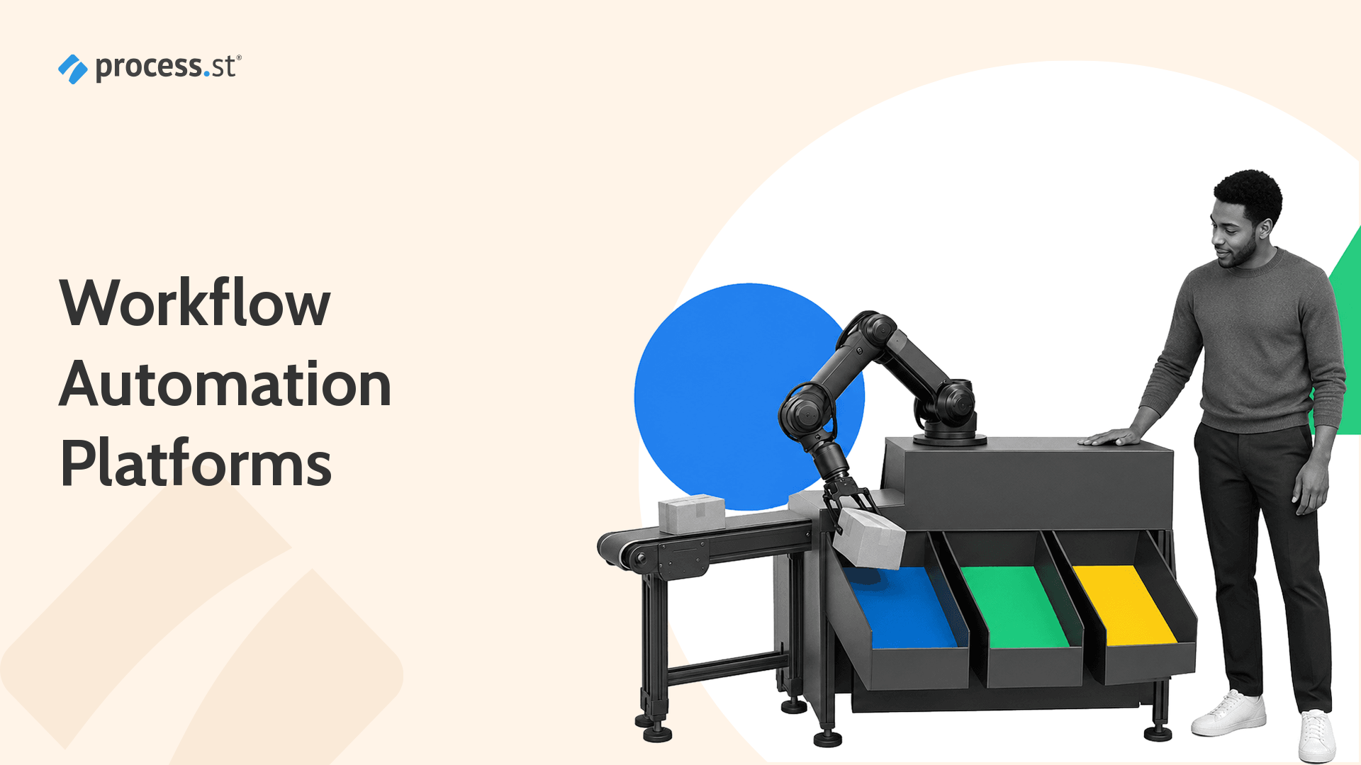 Workflow automation platforms represented by an operator reviewing a robotic routing machine