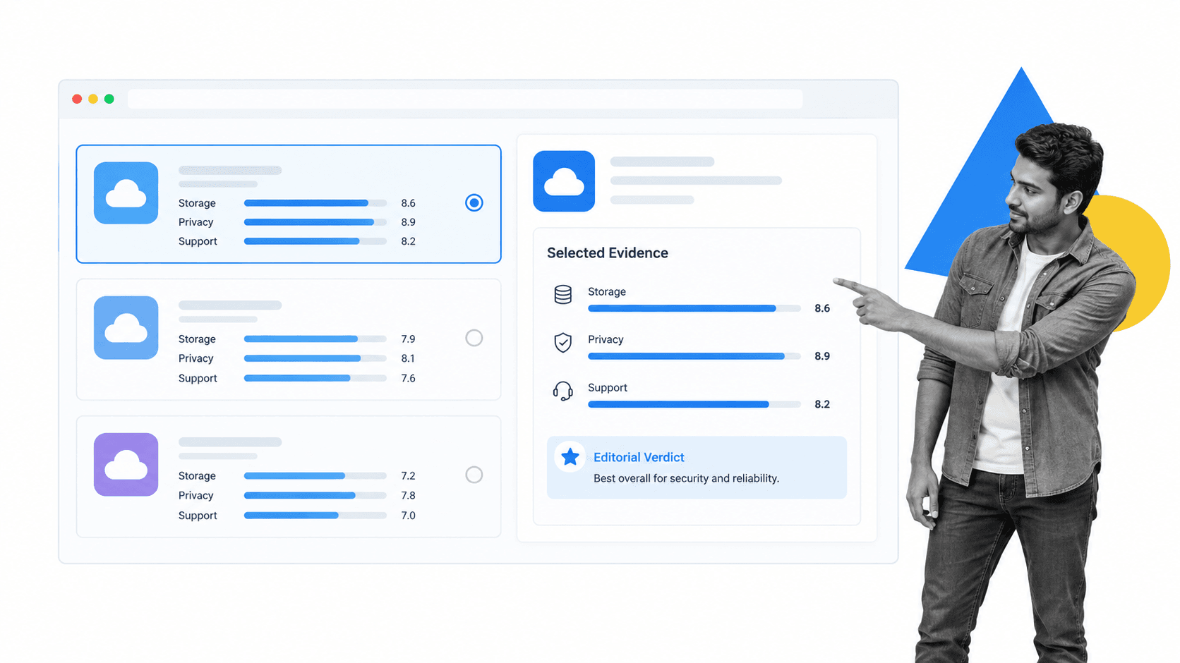 Cloud service review comparison with storage, privacy, and support evidence
