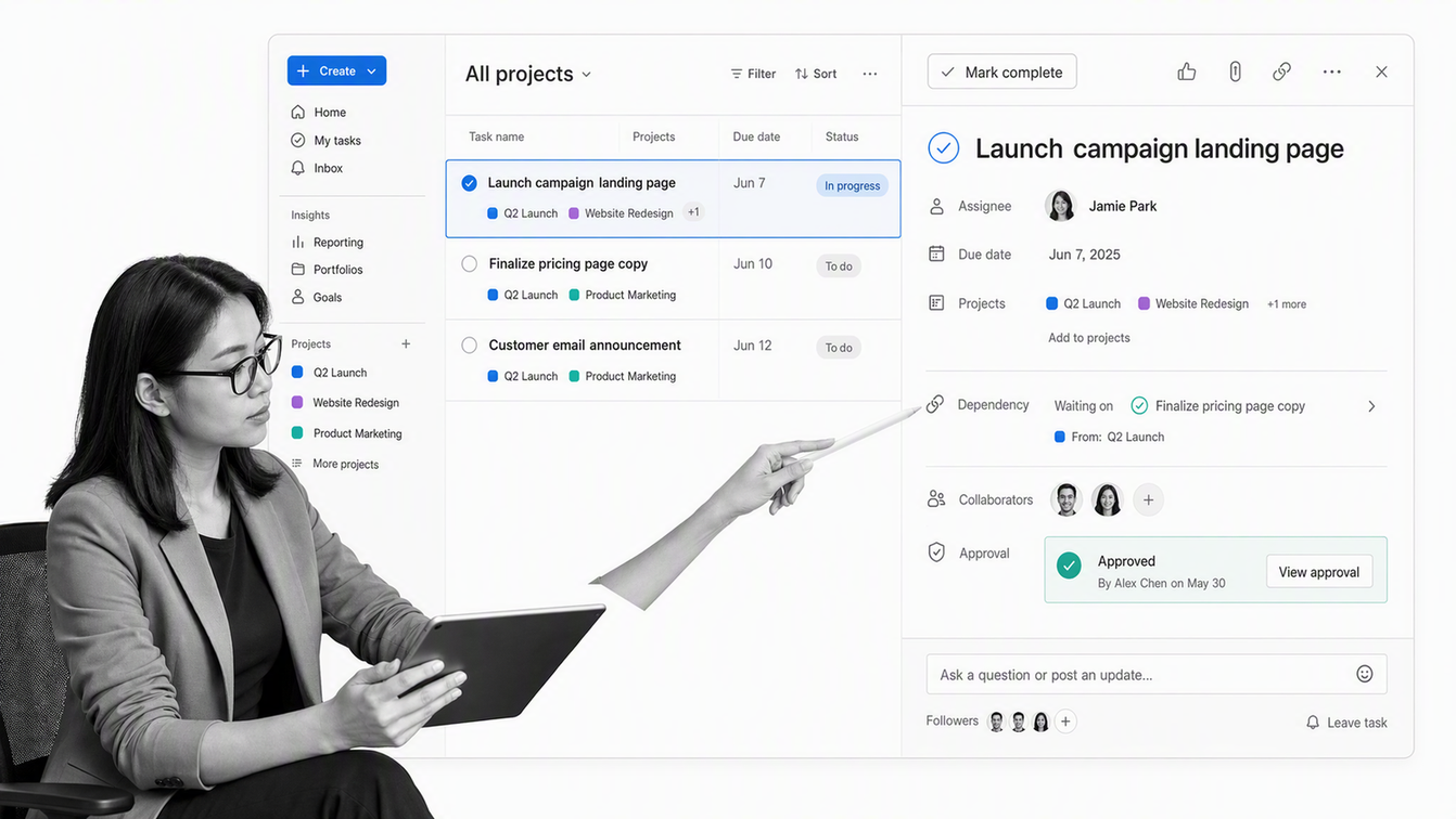 Asana project task with owner, due date, dependency, collaborators, and approval status