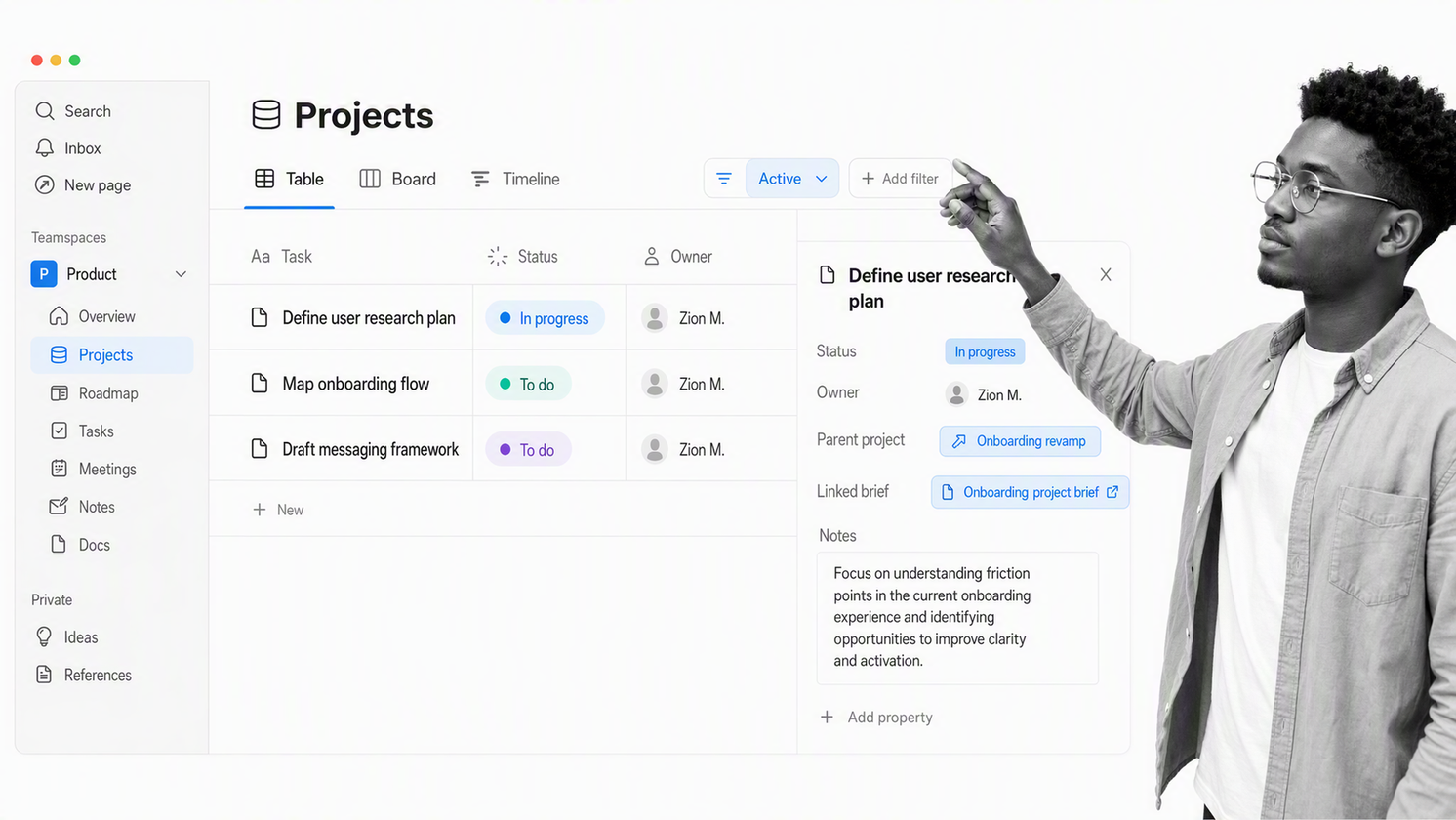 Notion Projects database with task properties, multiple views, and a linked project brief