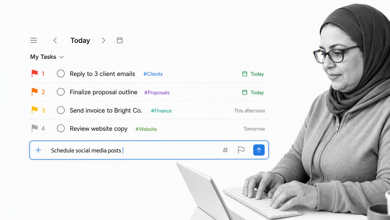 Todoist Today view with prioritized tasks, project labels, dates, and quick task entry