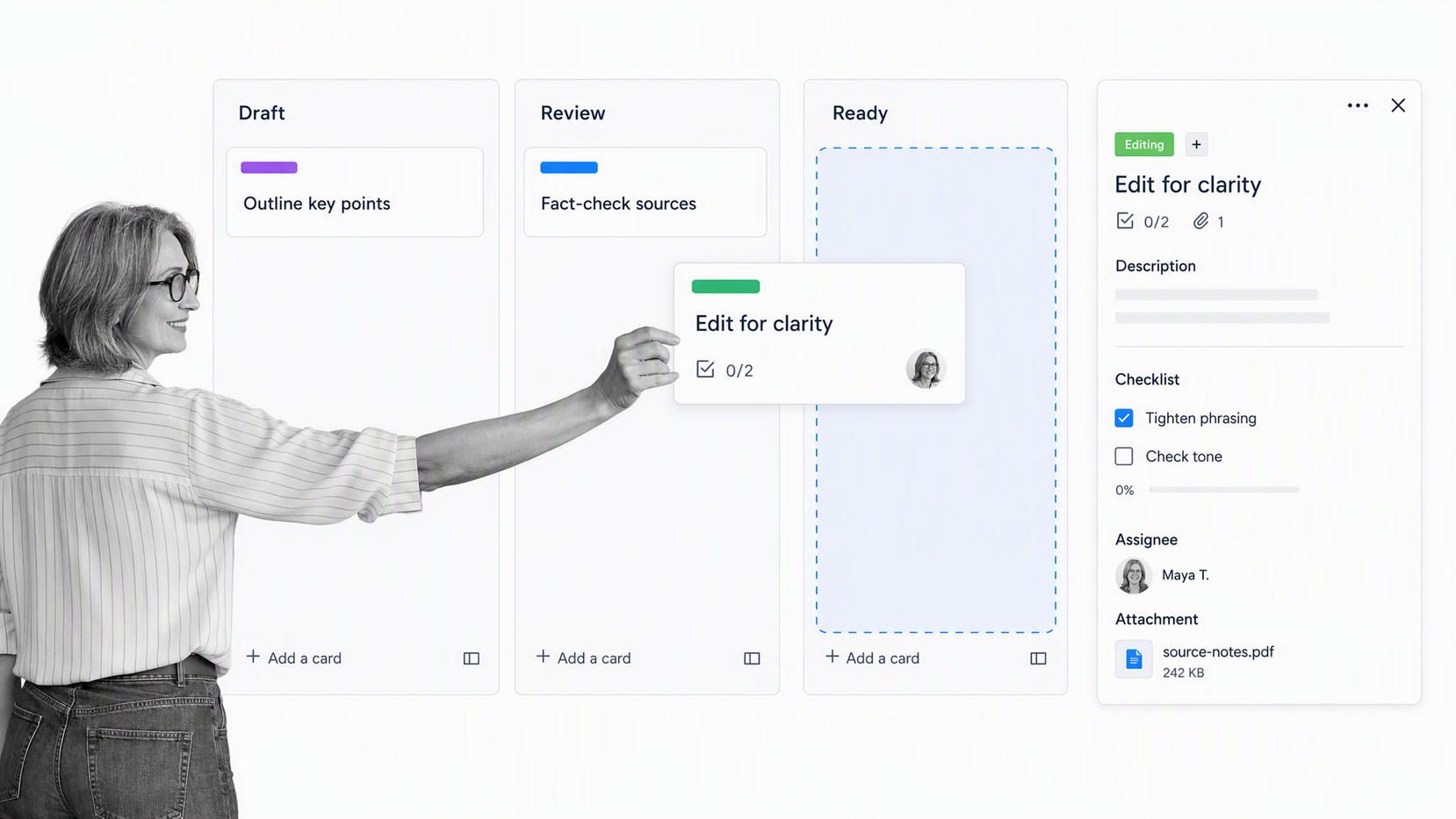 Trello editorial board with cards moving through three workflow stages