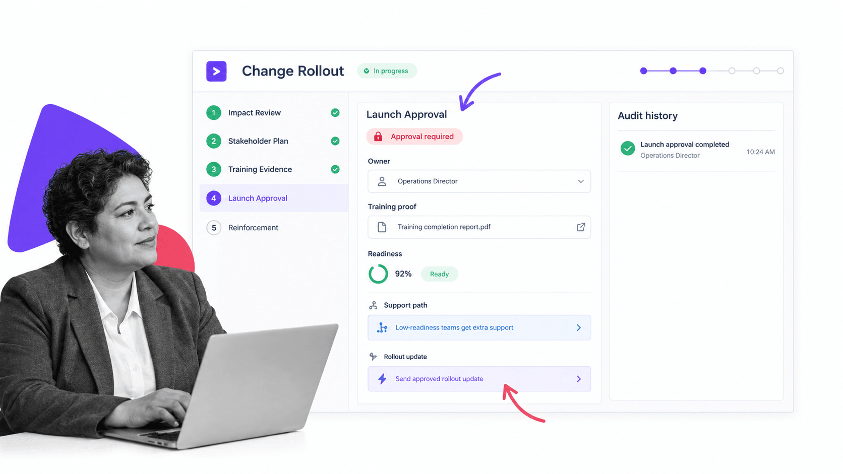 Process Street change rollout workflow with launch approval and training evidence