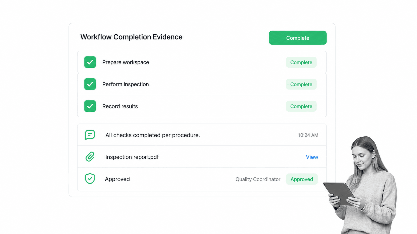 Completed workflow with comments, evidence, and approval