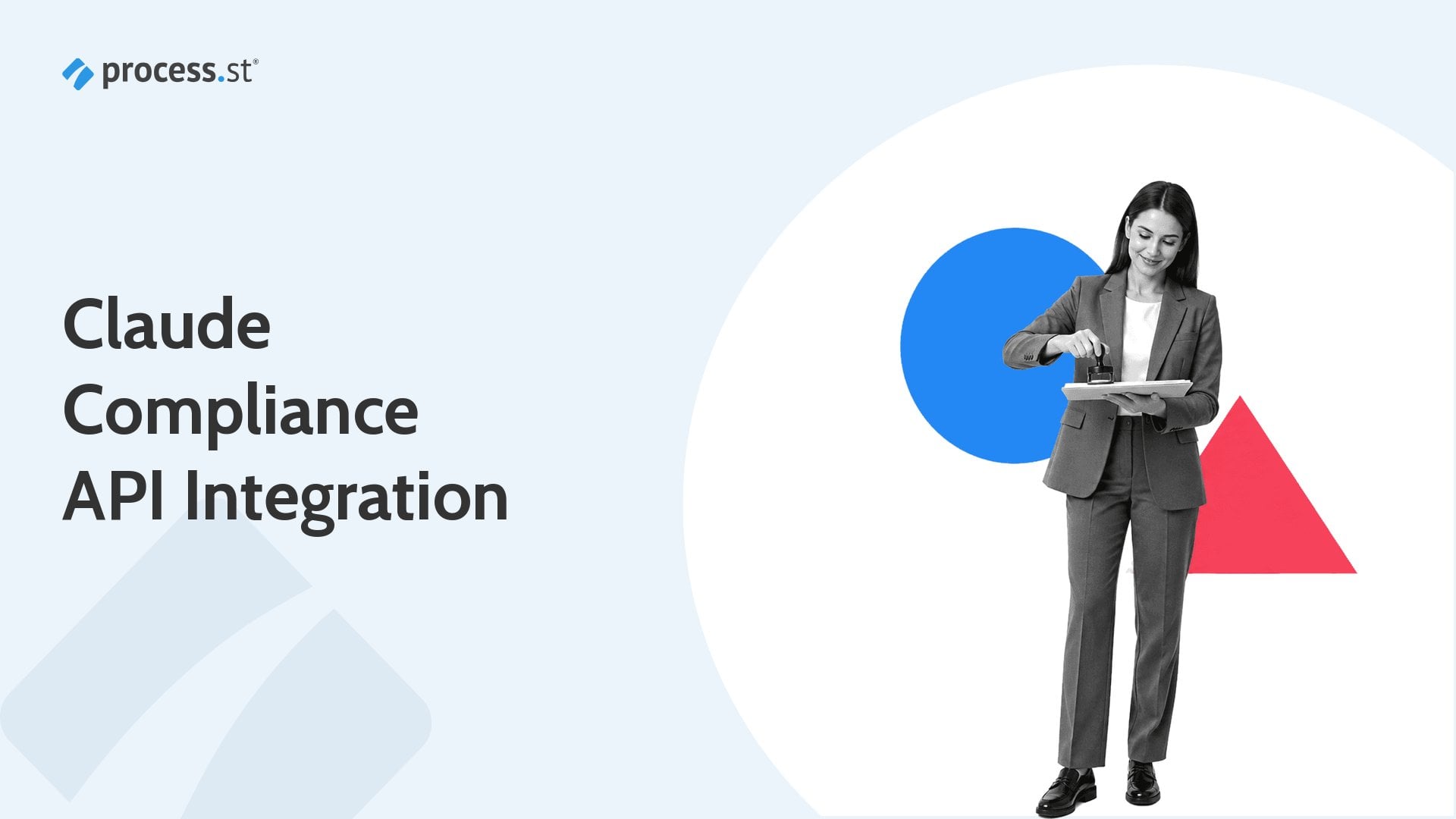 Compliance officer pressing an embossing seal to certify a record, Process Street hero illustration for the Claude Compliance API integration