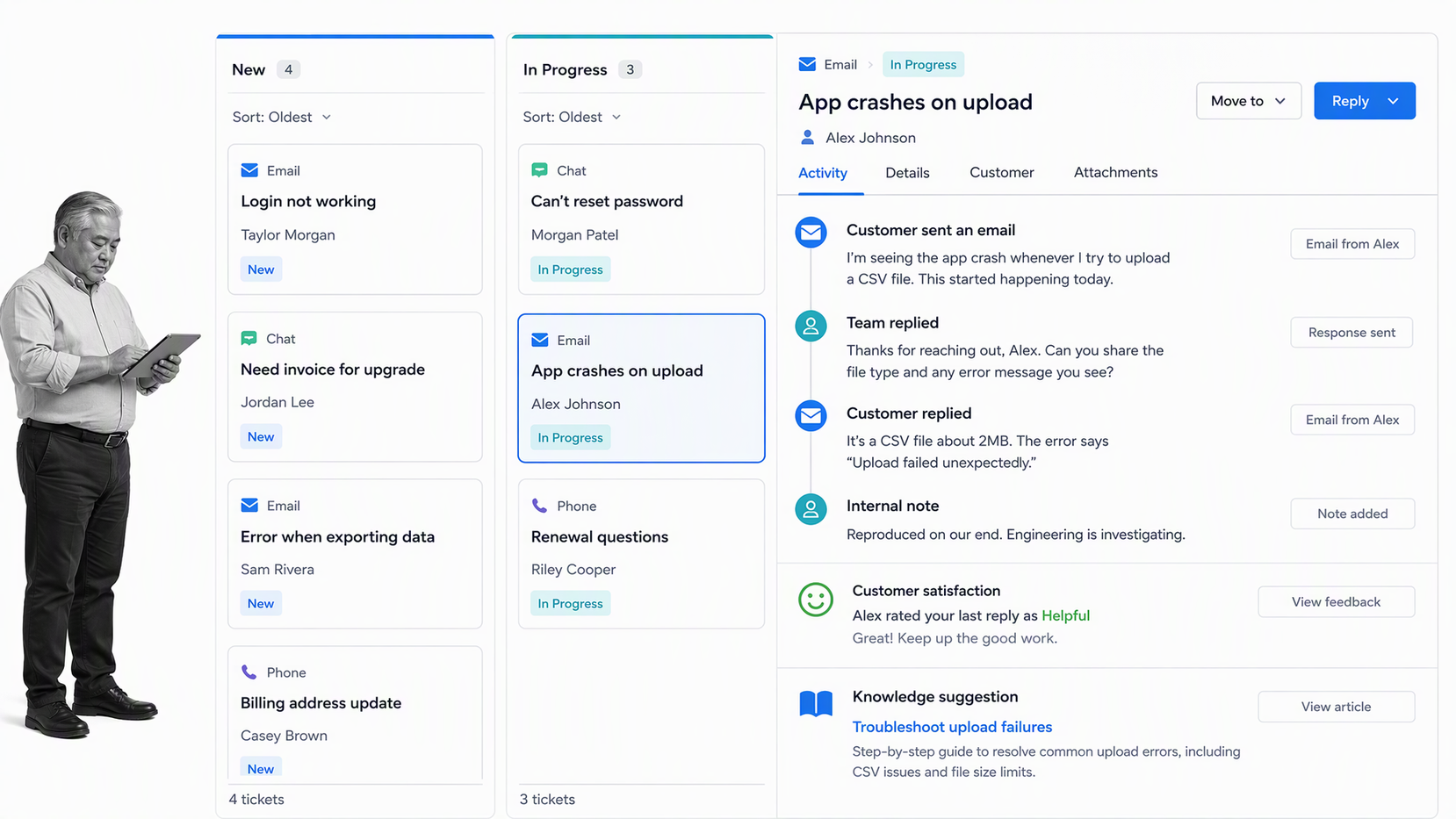 HubSpot Service Hub help desk workspace with ticket board customer timeline and feedback cue