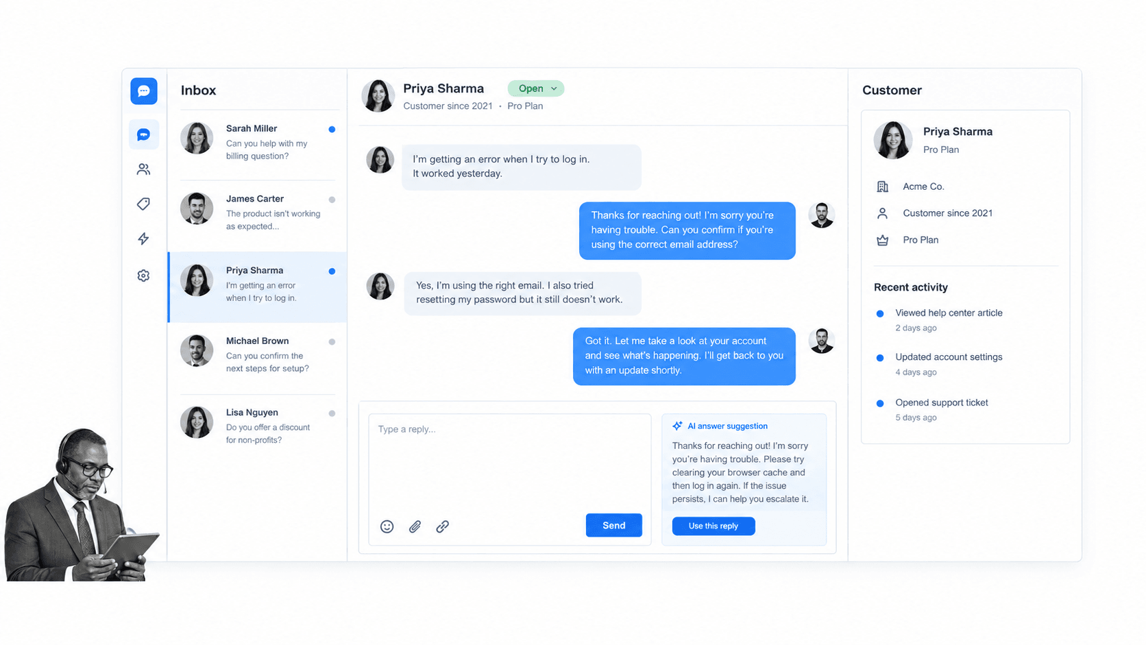 Intercom customer service workspace with selected conversation answer suggestion and customer context
