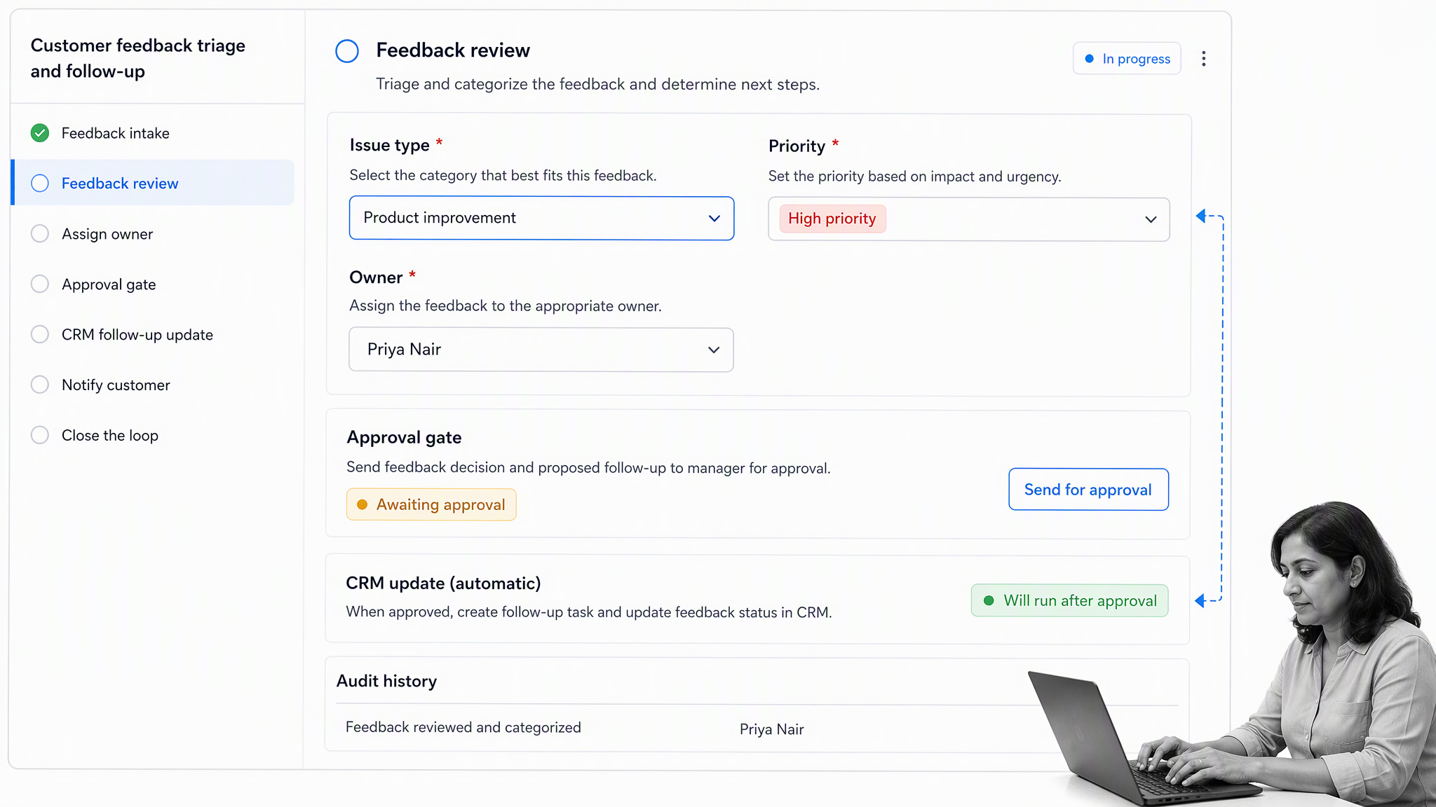 Process Street customer engagement workflow with feedback triage approval and CRM update