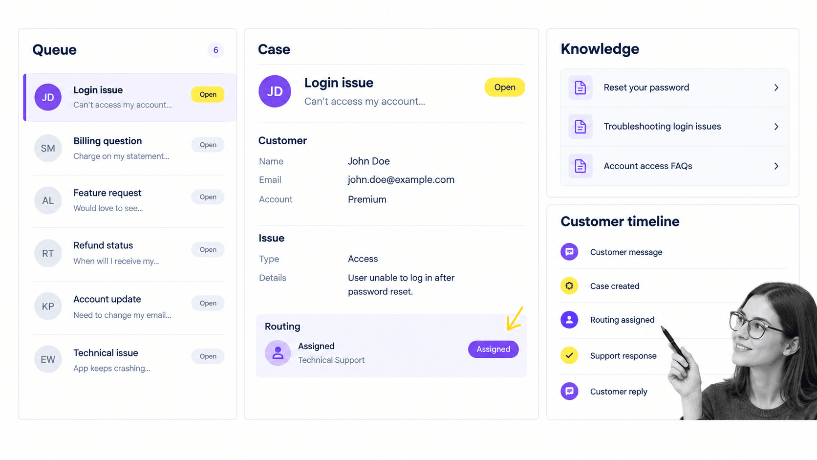 Salesforce Service Cloud case workspace with case routing knowledge and customer timeline
