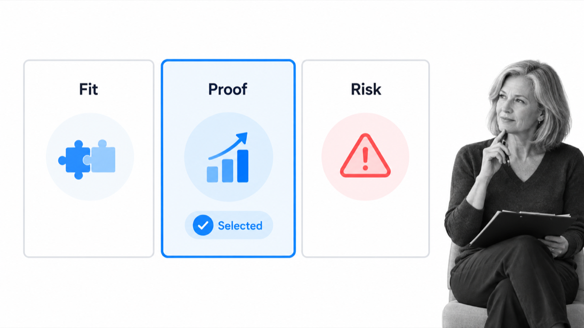 Product evaluation scorecard comparing fit, proof, and risk
