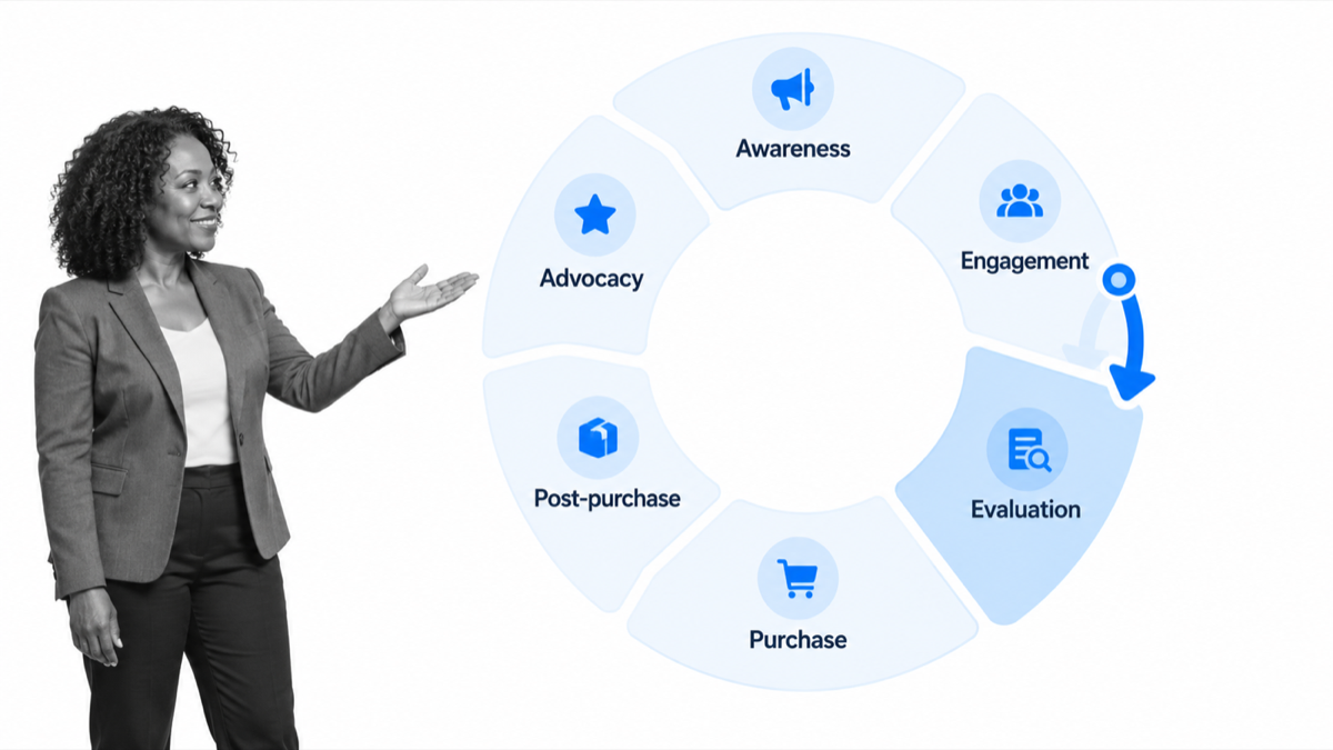 Six-stage customer lifecycle with the engagement-to-evaluation handoff highlighted