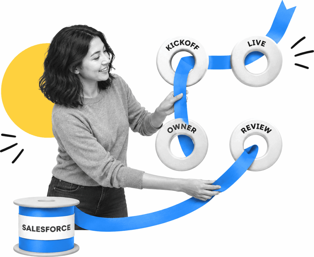 Customer success operations lead routing a Salesforce onboarding handoff through labeled workflow gates.