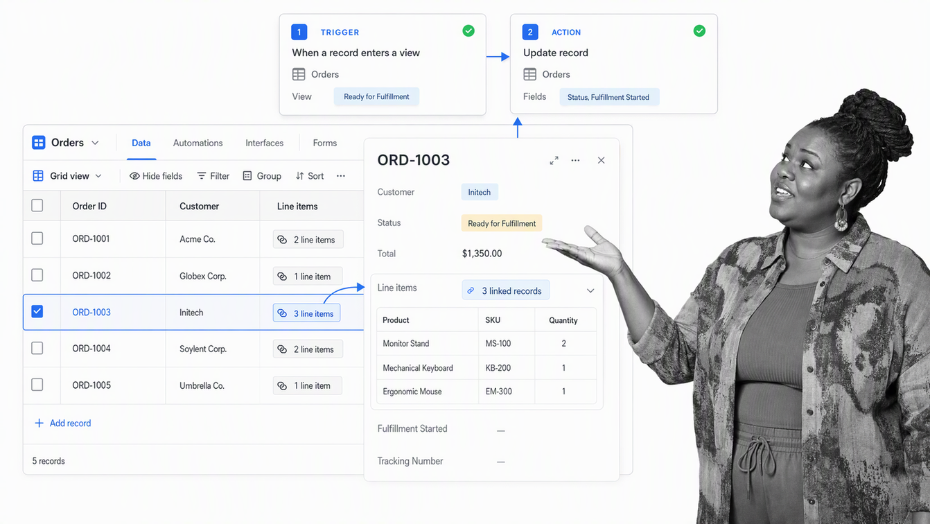 Airtable workflow with linked records, a tailored interface, and trigger-action automation