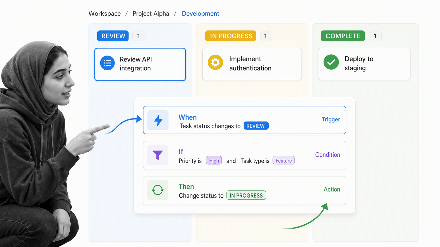 ClickUp task board with custom statuses, fields, and a configurable automation rule