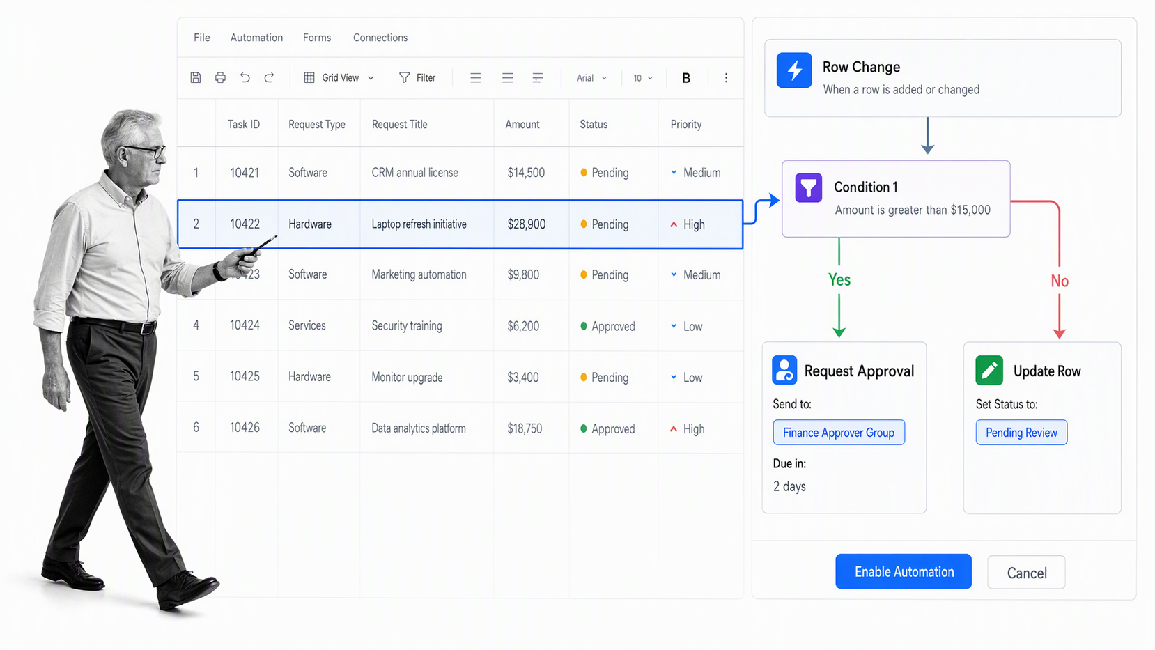 Smartsheet automated workflow connecting a selected grid row to conditions and approval actions
