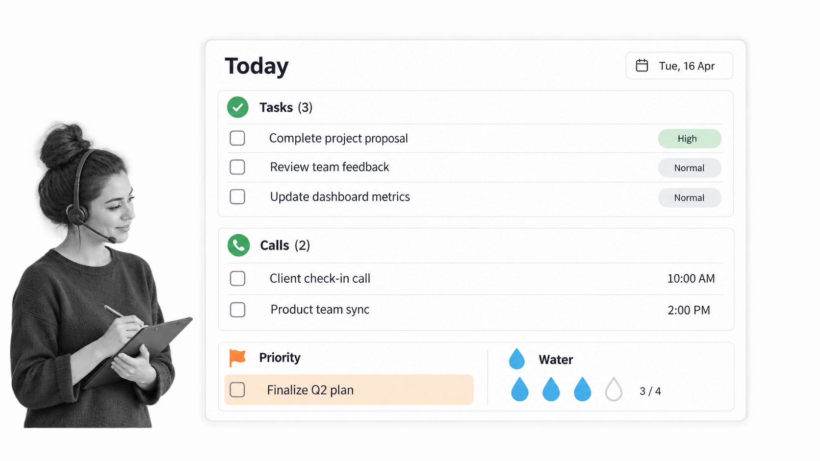 Daily control list organizing tasks calls priorities and a simple habit check