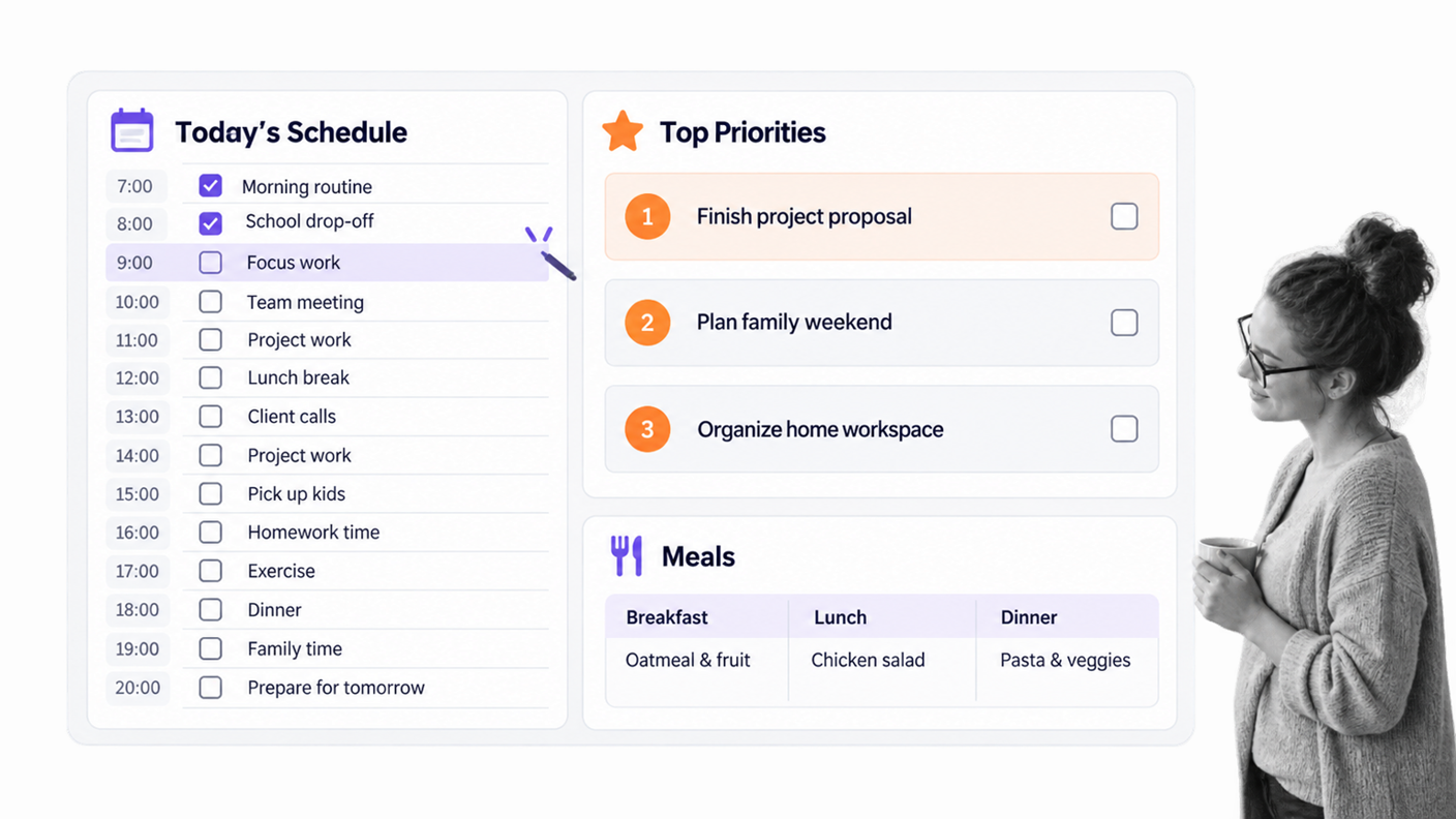 Daily schedule and top priorities planner with a professional reviewing the list