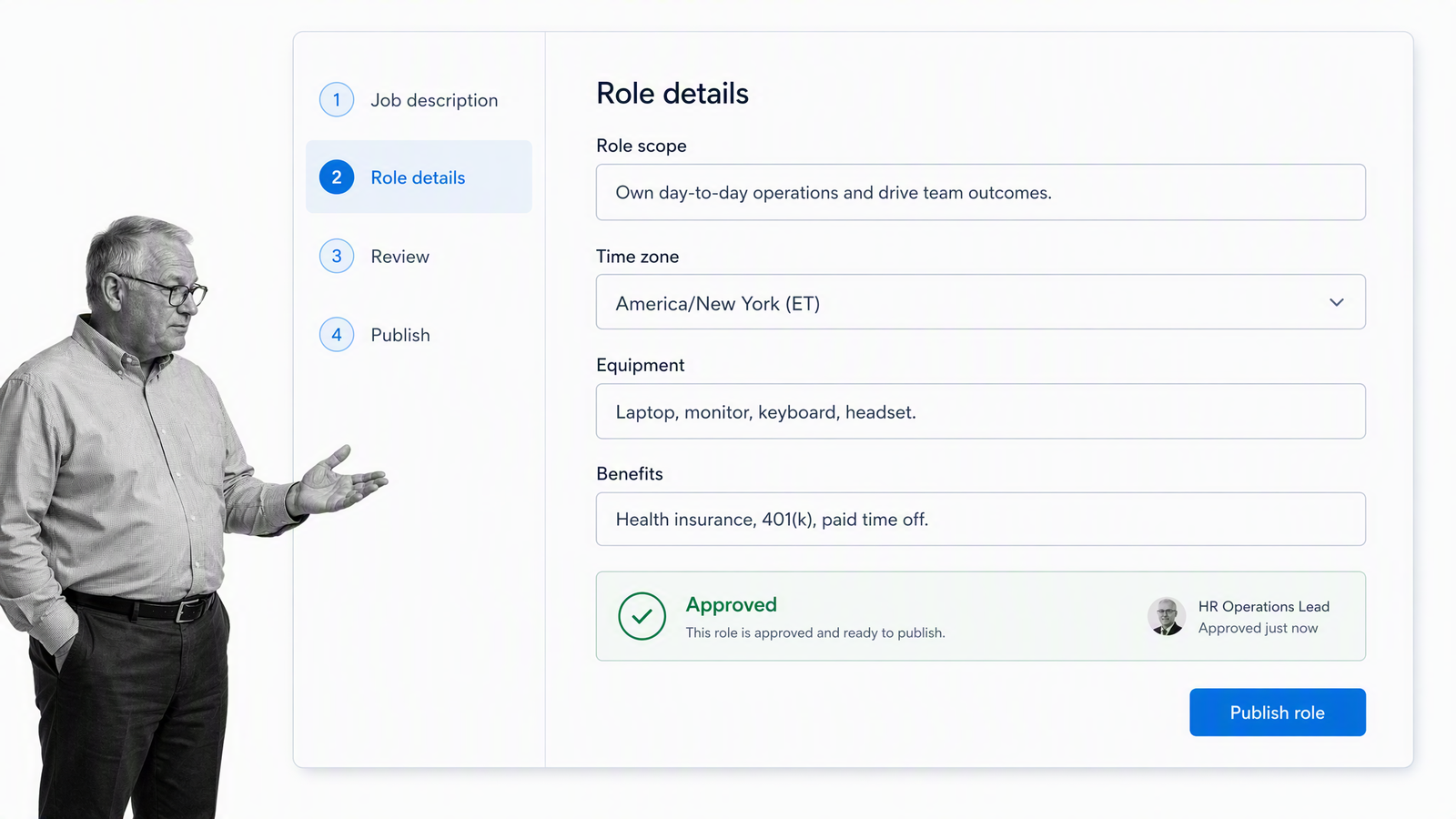 Job description workflow editor with role details equipment benefits and approval