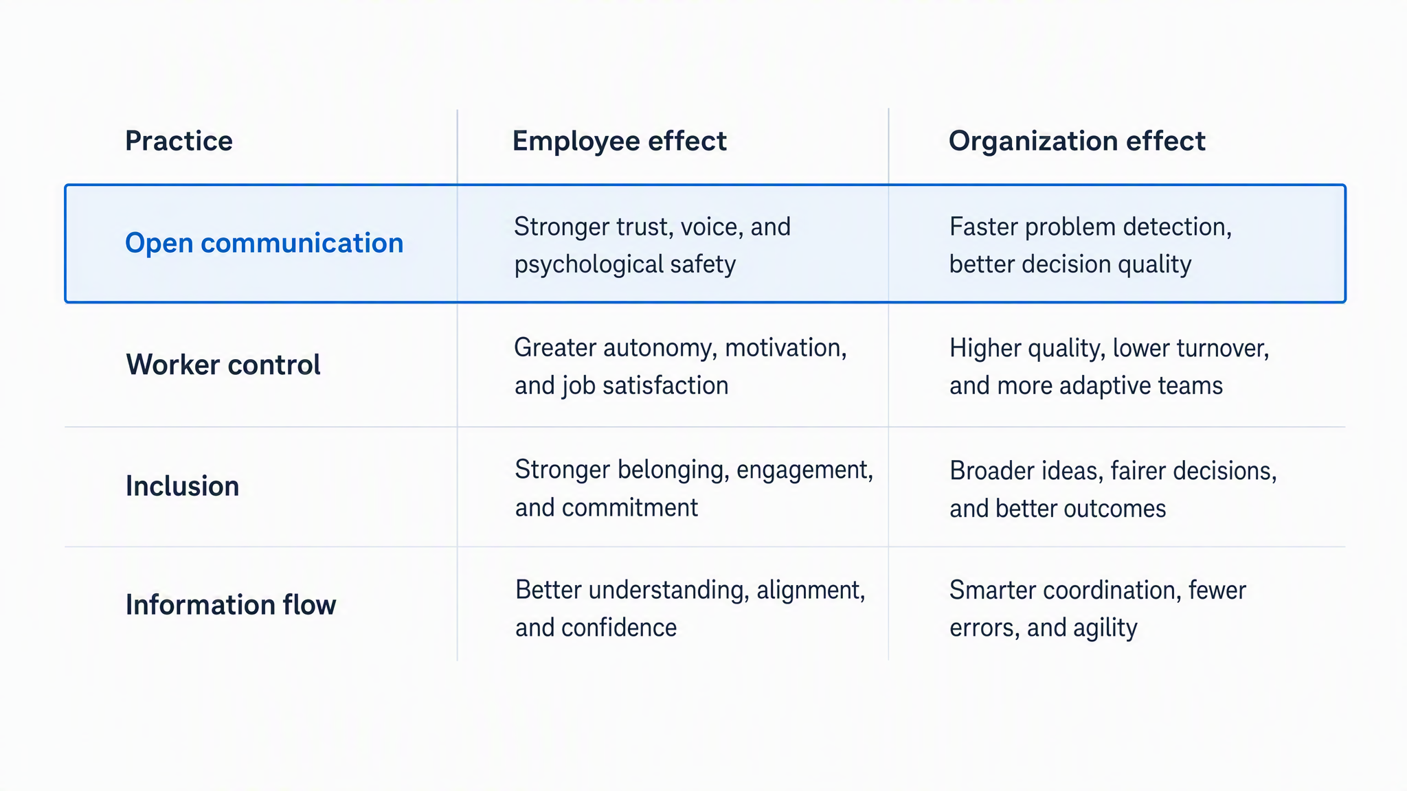 Matrix linking workplace democracy practices to employee and organizational effects