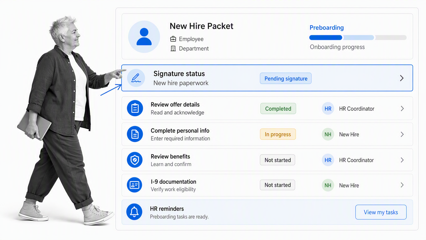 BambooHR employee onboarding dashboard with new-hire packet, signatures, tasks, and progress