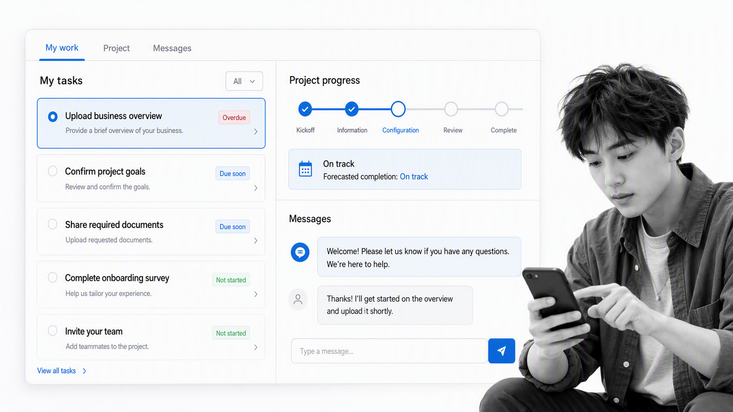 GUIDEcx client onboarding workspace with customer tasks, messages, due dates, and progress