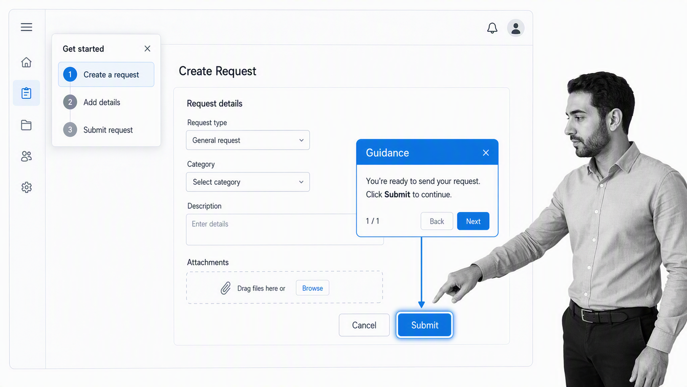 WalkMe in-app onboarding guidance highlighting the next step in an enterprise application