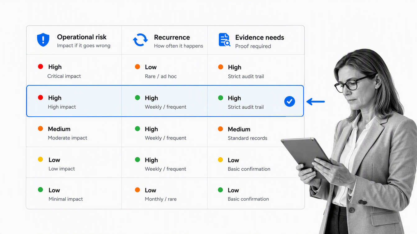 Document workflow priority matrix with a selected high-risk recurring row