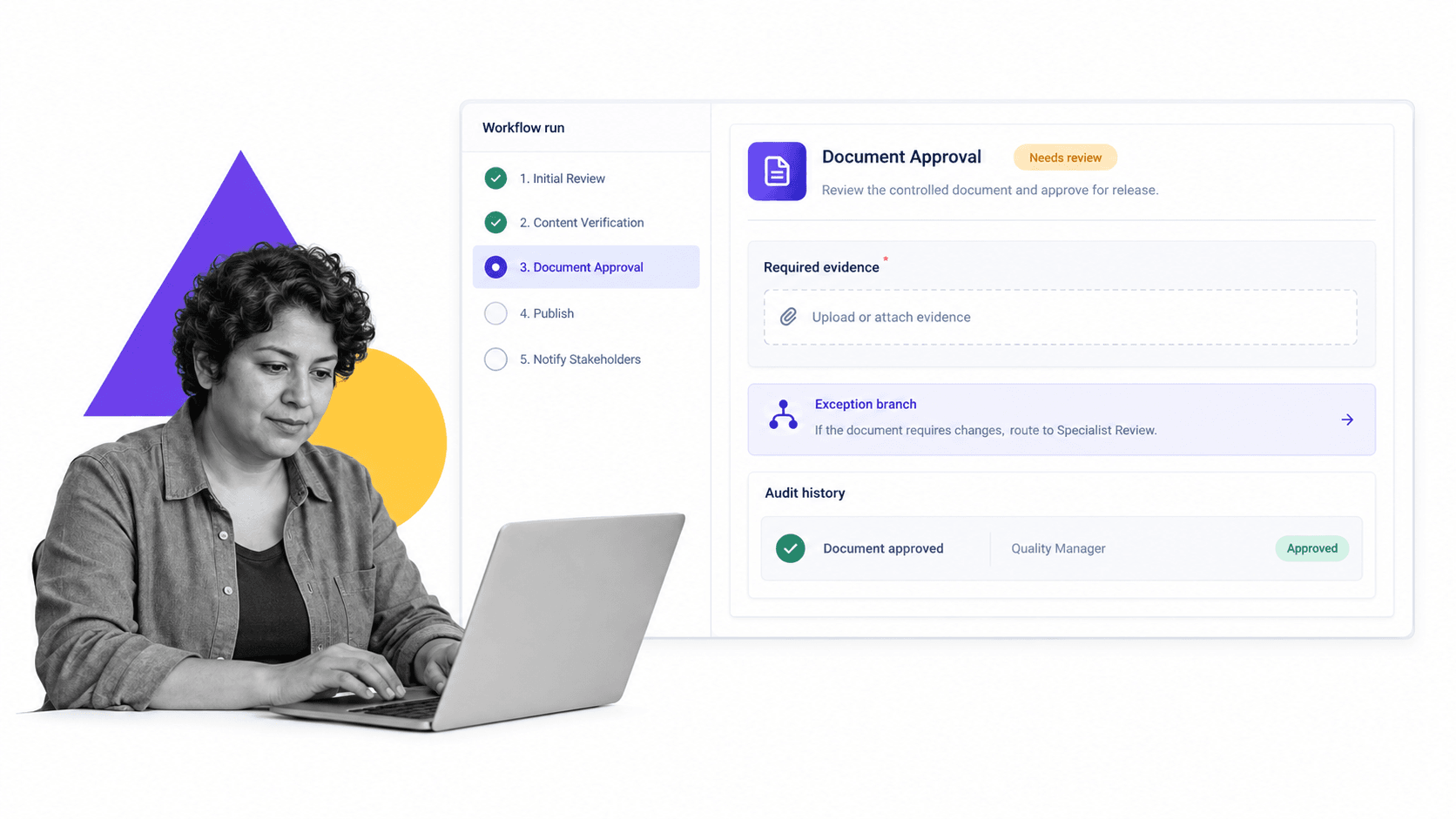 Process Street workflow run with a selected document approval task, required evidence, and audit history