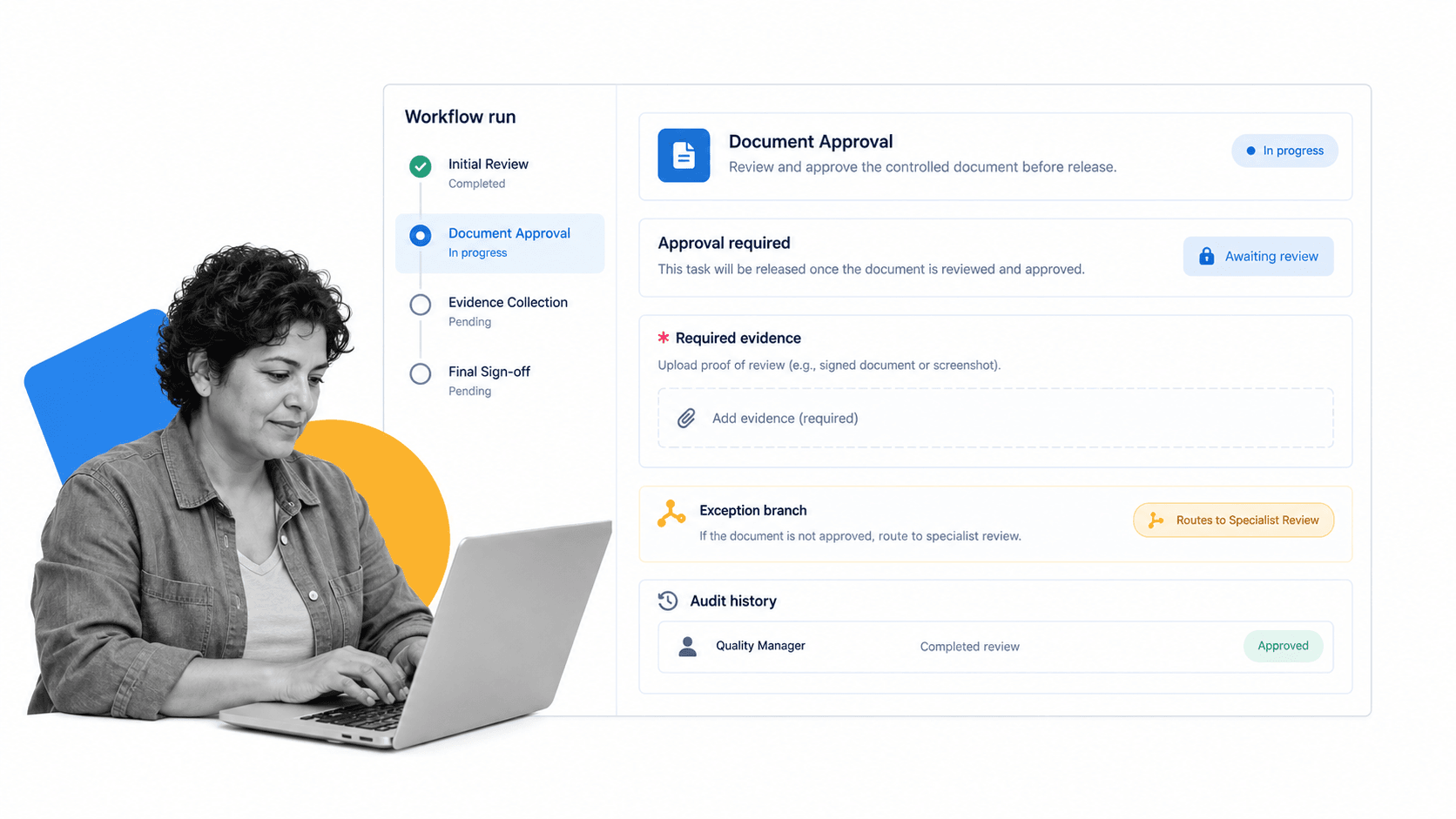Process Street workflow run with a selected document approval task, required evidence, and audit history