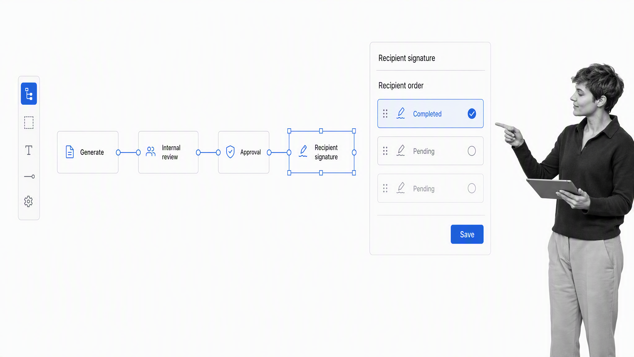 Docusign Workflow Builder routing an agreement through generation, internal approval, and recipient signature