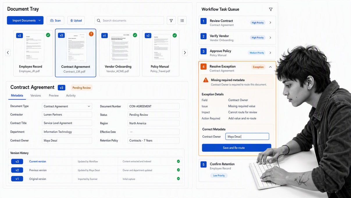 DocuWare document repository with indexed files, version details, workflow tasks, and an exception flag