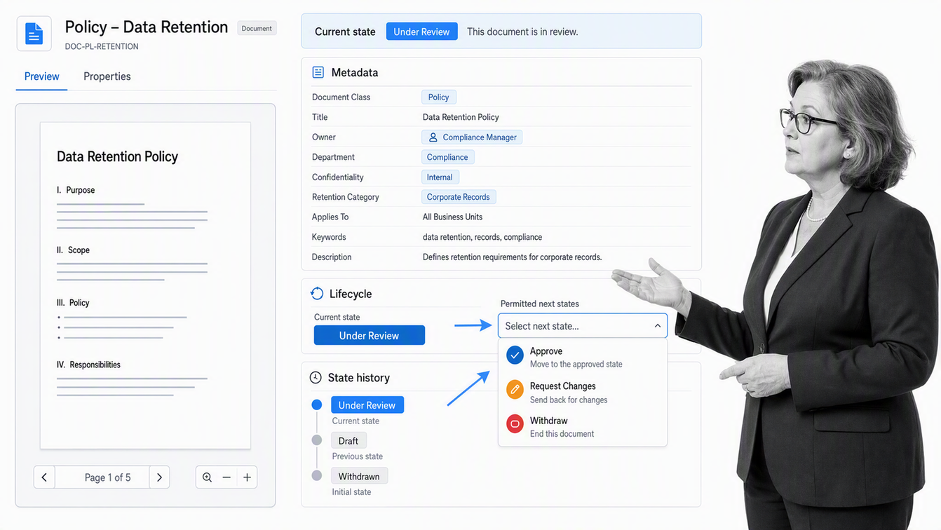 M-Files metadata card showing a document owner, class, workflow state, and available lifecycle transition