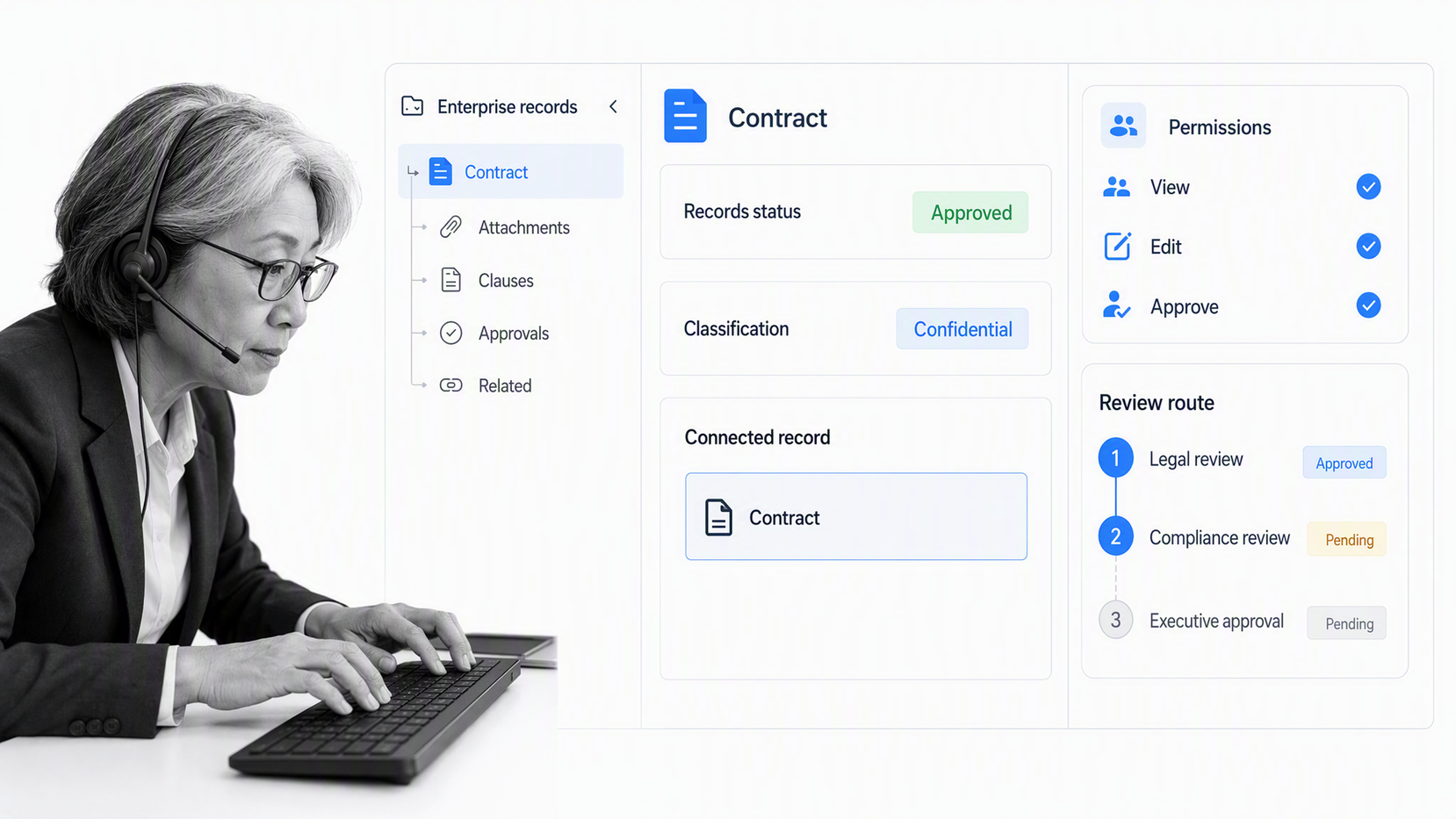 OpenText enterprise content workspace showing document governance, permissions, records status, and review workflow
