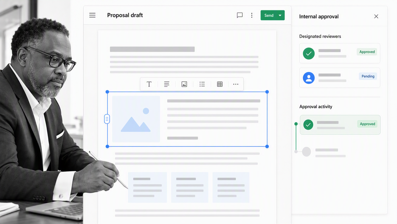 PandaDoc proposal editor with designated internal approvers and recorded approval activity before sending