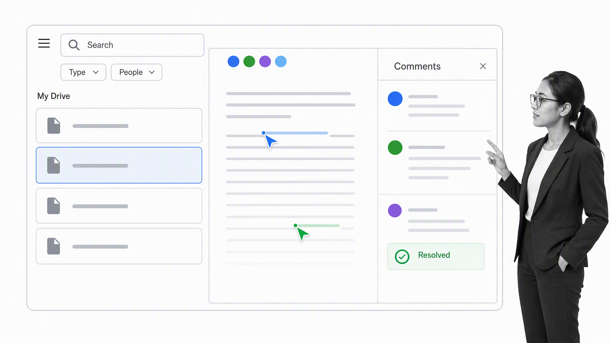 Cloud file search beside a collaborative document and resolved comments