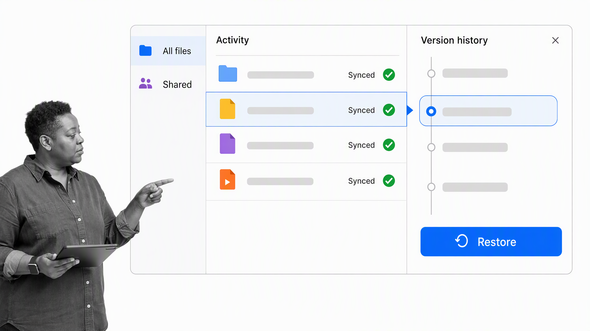 Cloud file synchronization activity and version recovery controls
