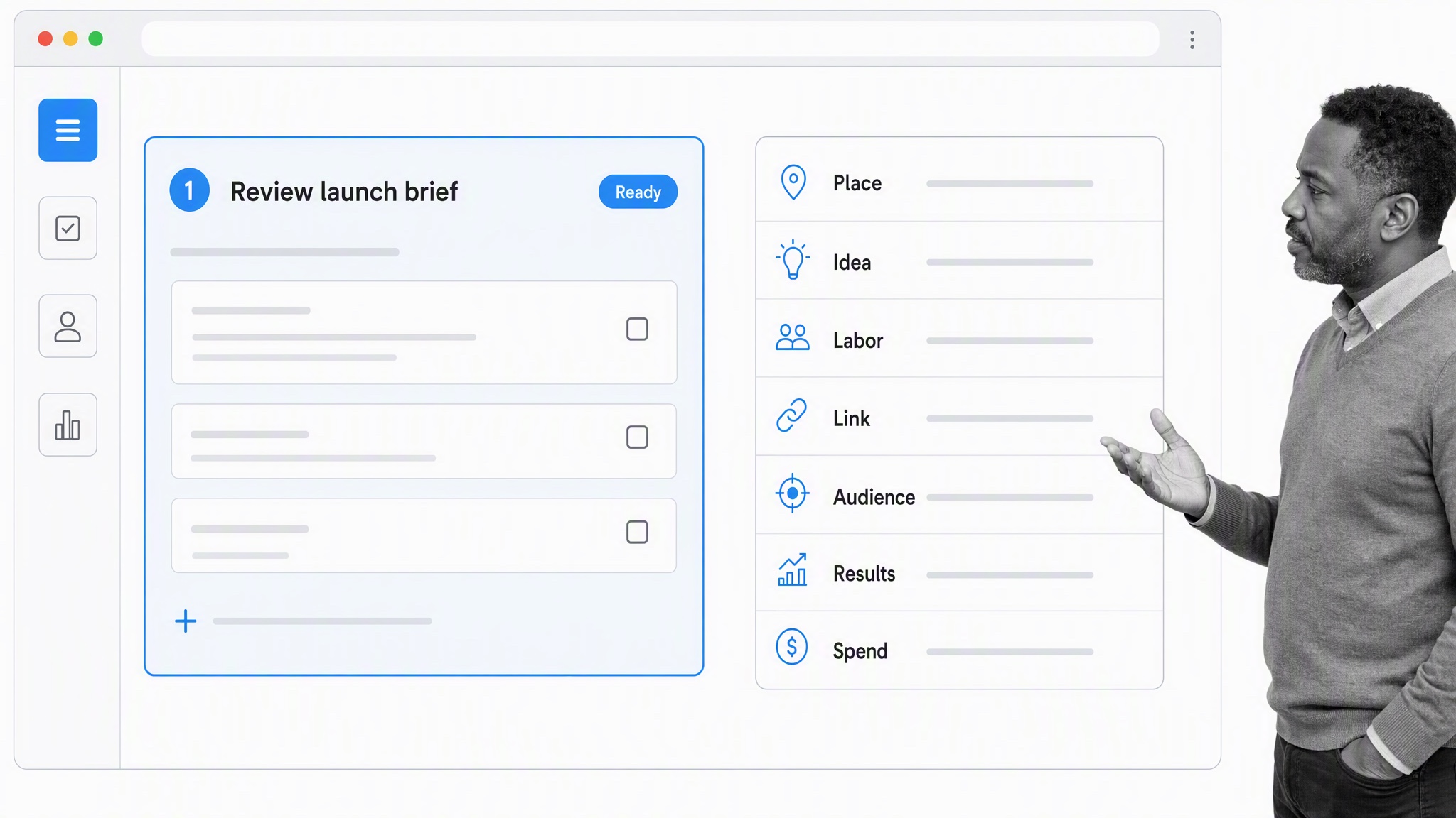 PILLARS workflow with emoji cues for place, idea, labor, link, audience, results, and spend