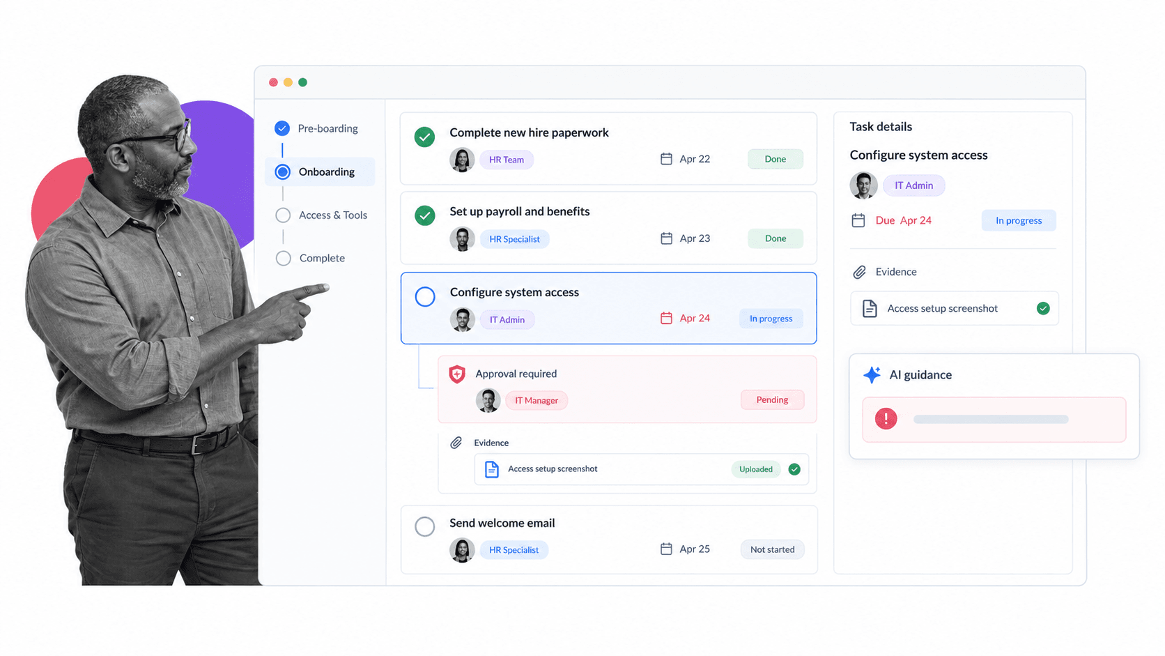 Process Street employee onboarding workflow with assignments approvals and evidence