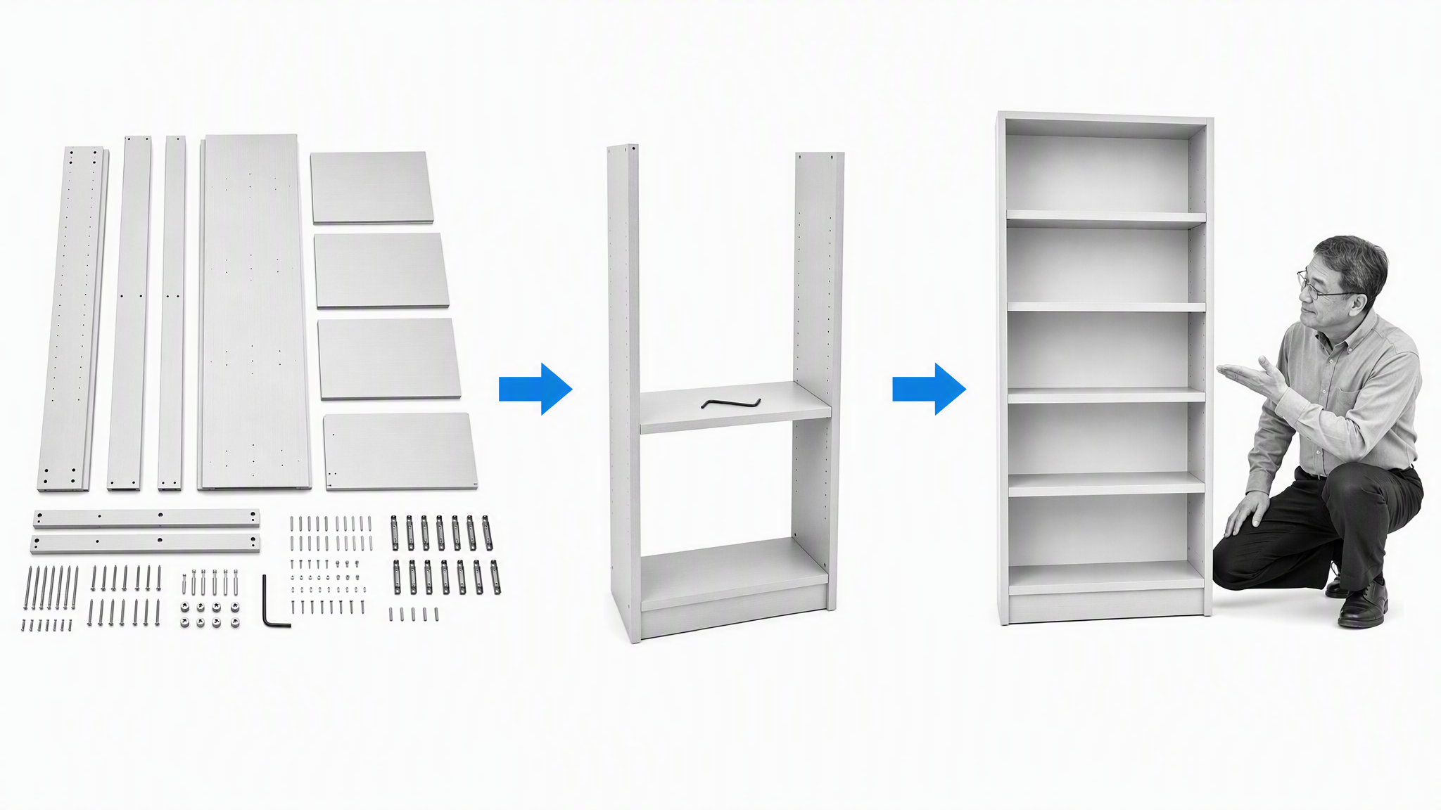 Flat-pack shelf assembly sequence with a small black and white photographic employee at the right edge