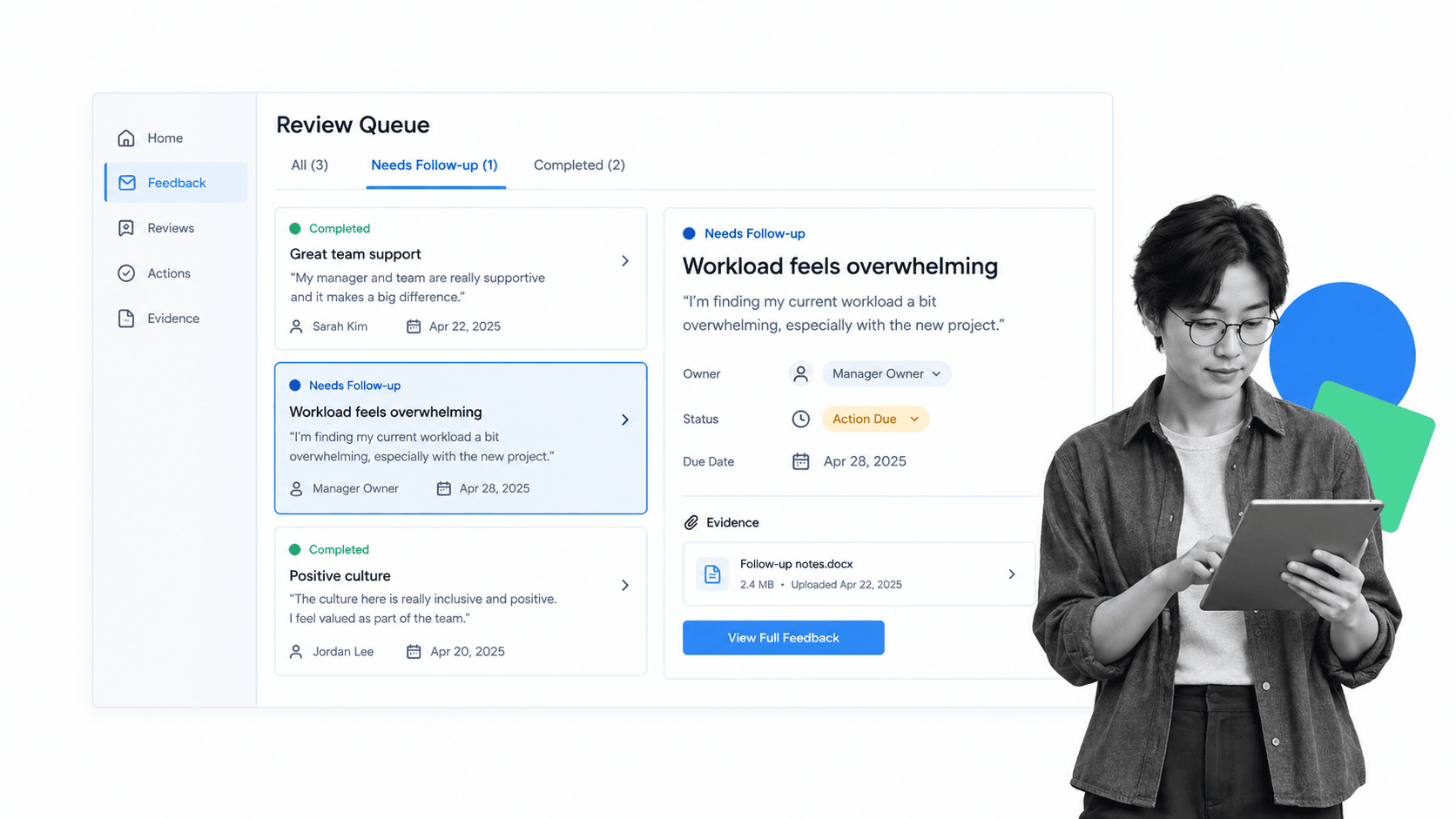 Employee feedback review queue with assigned follow-up actions