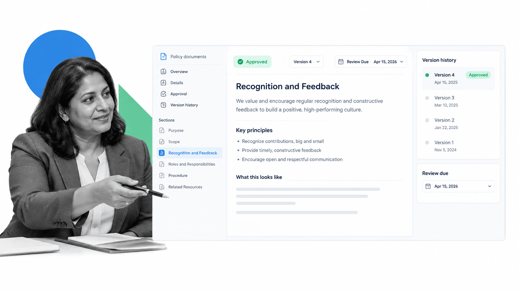 Governed employee engagement policy document with approval history