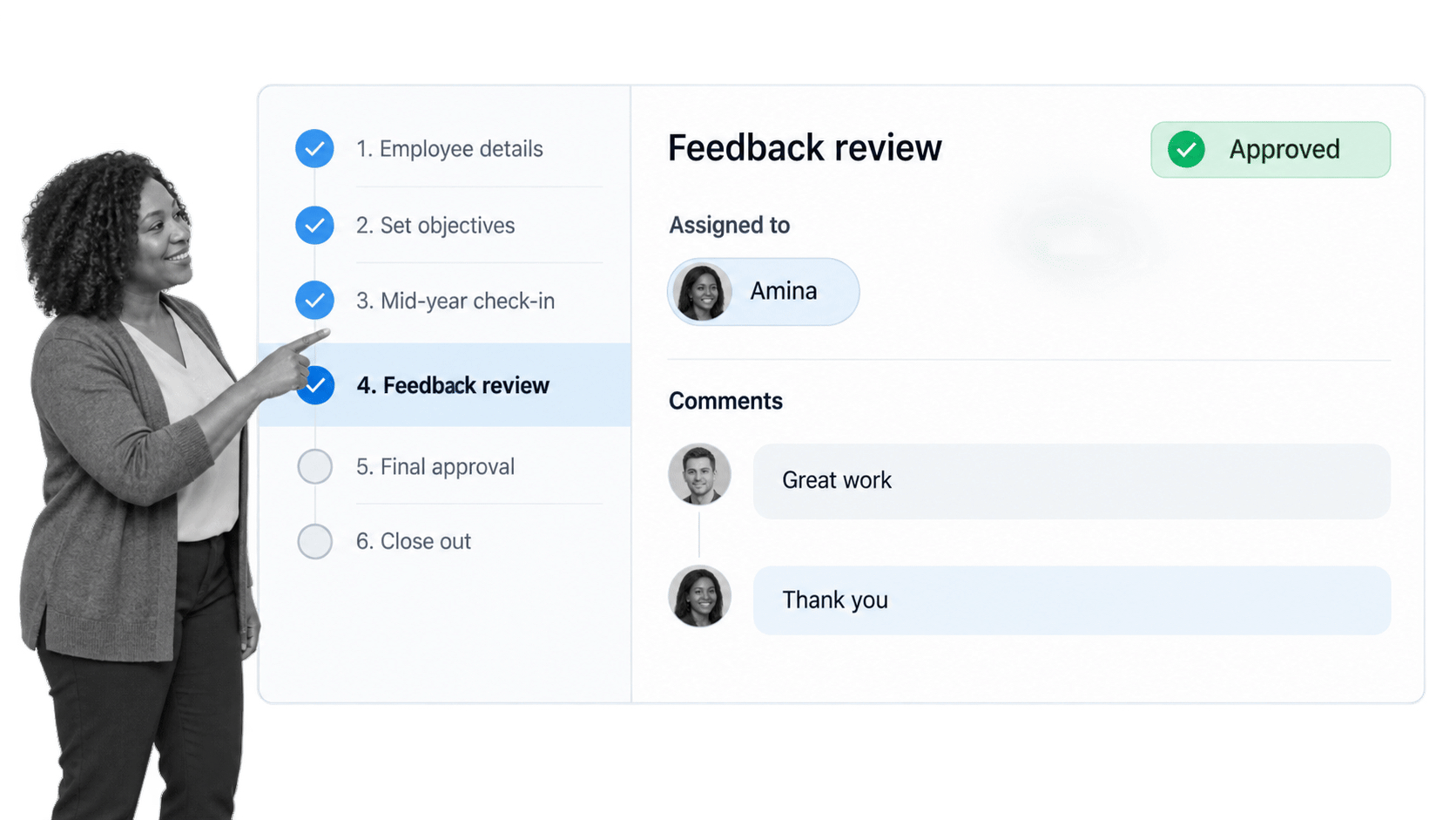 Feedback workflow showing a manager reviewing and approving an employee comment